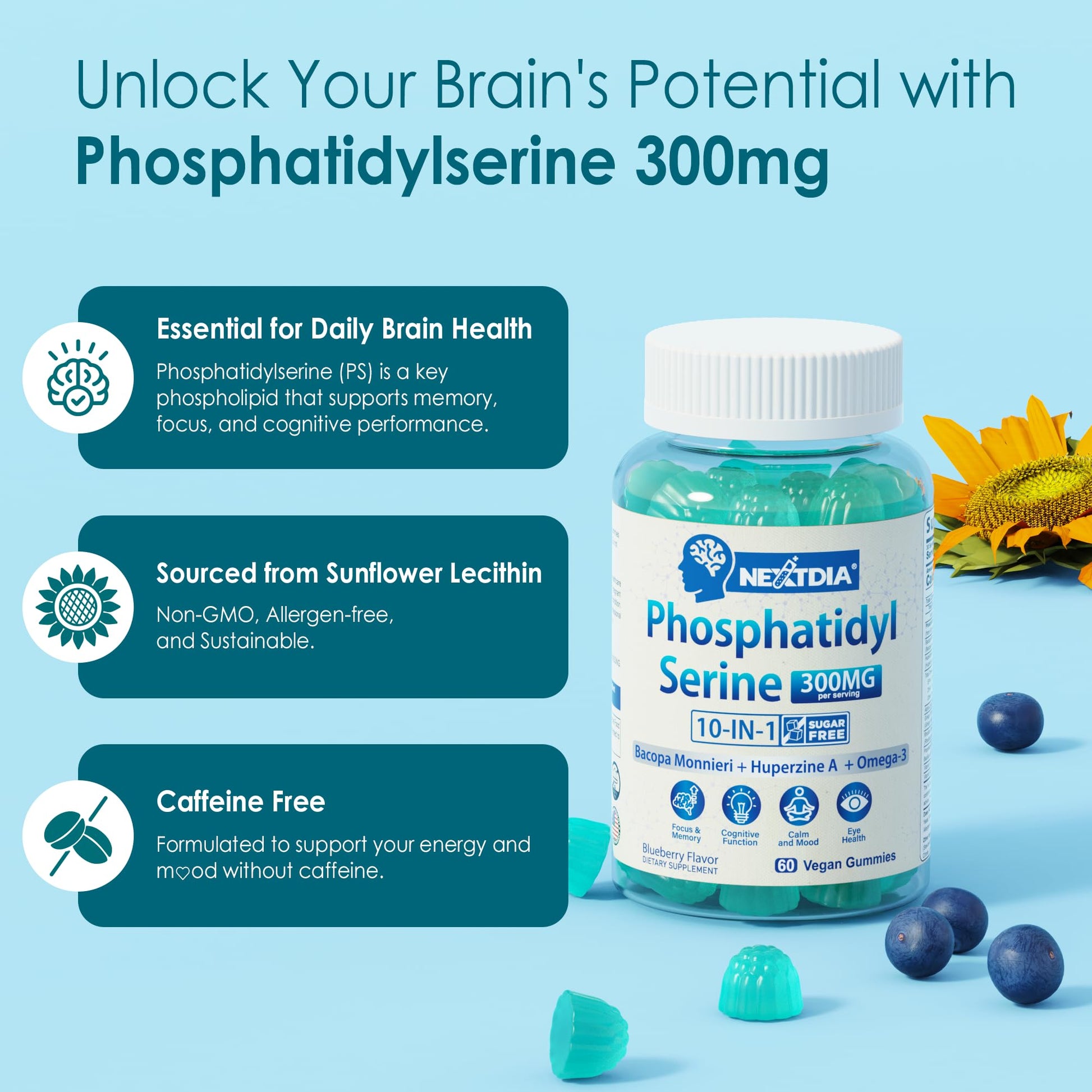 Phosphatidylserine - Nootropic Brian Supplement, Focus & Energy Gummies+ Bacopa Monnieri, Omega 3, Huperzine A, Methyl B12 & B6 for Seniors, Gamers, Workers, Non-GMO, Caffeine-Free, Sugar Free, 2 Pack Nextdia uk supplements