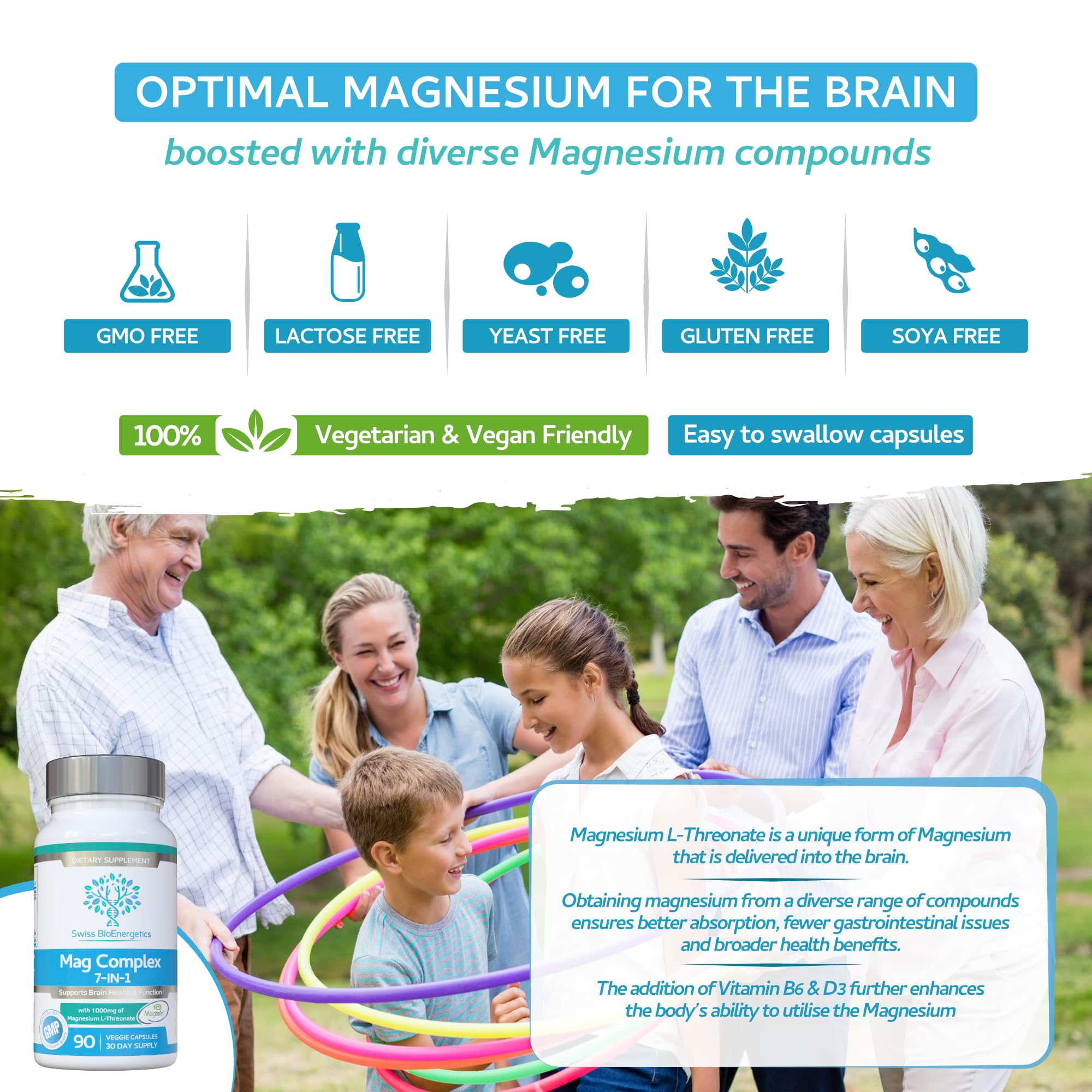 Magnesium L-Threonate Complex 7-in-1 with 1000mg of Magtein Plus Magnesium as Bisglycinate, Taurate, Citrate, Gluconate, Malate & Lactate - Supports Sleep - Vegan, US Made and No Artificial Nasties swiss bioenergetics uk supplements