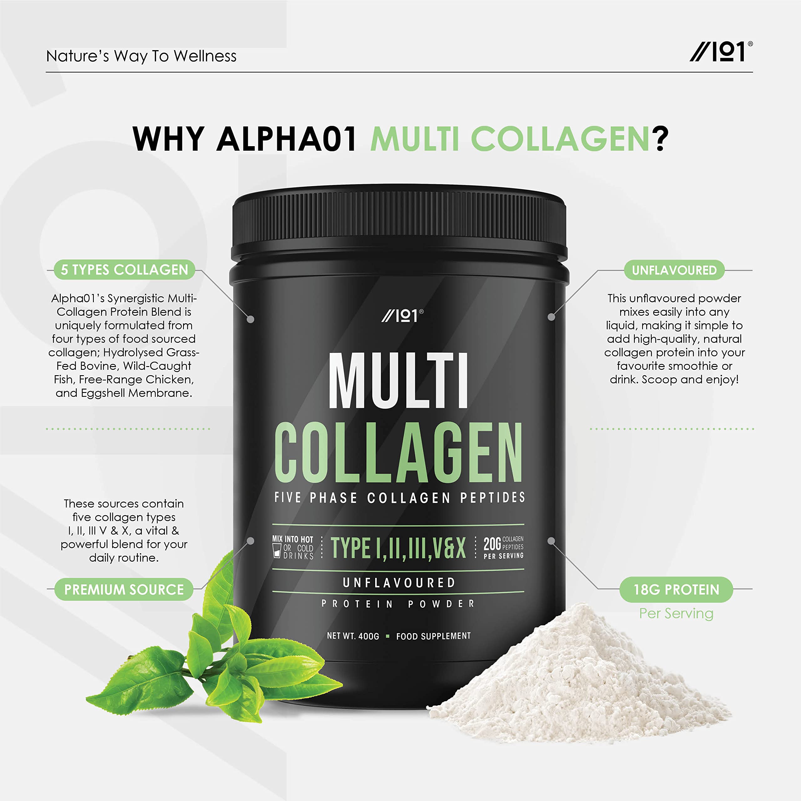 Multi Collagen Protein Powder (400g) - Types I, II, III, V & X - Hydrolyzed Grass Fed Bovine, Wild Caught Fish ALPHA01 uk supplements