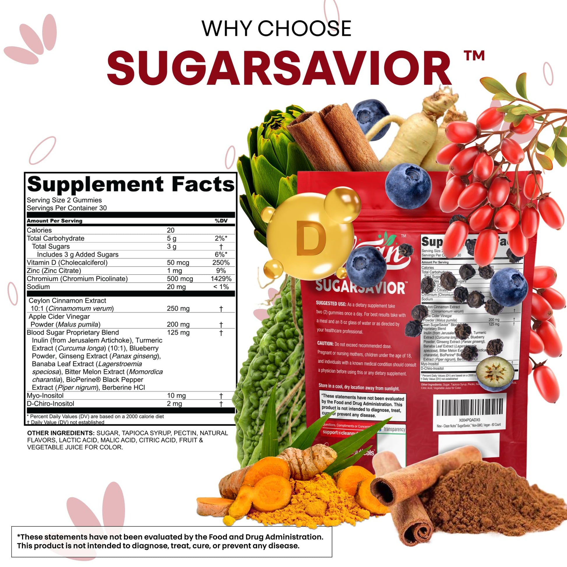 Sugar Savior Ceylon Cinnamon Berberine Gummies Apple Cider Vinegar Artichoke Turmeric Blueberry Ginseng Banaba Bitter Melon Black Pepper Vitamin D Zinc GLP1 Gummies 60 Count by Clean Nutra Clean Nutraceuticals uk supplements