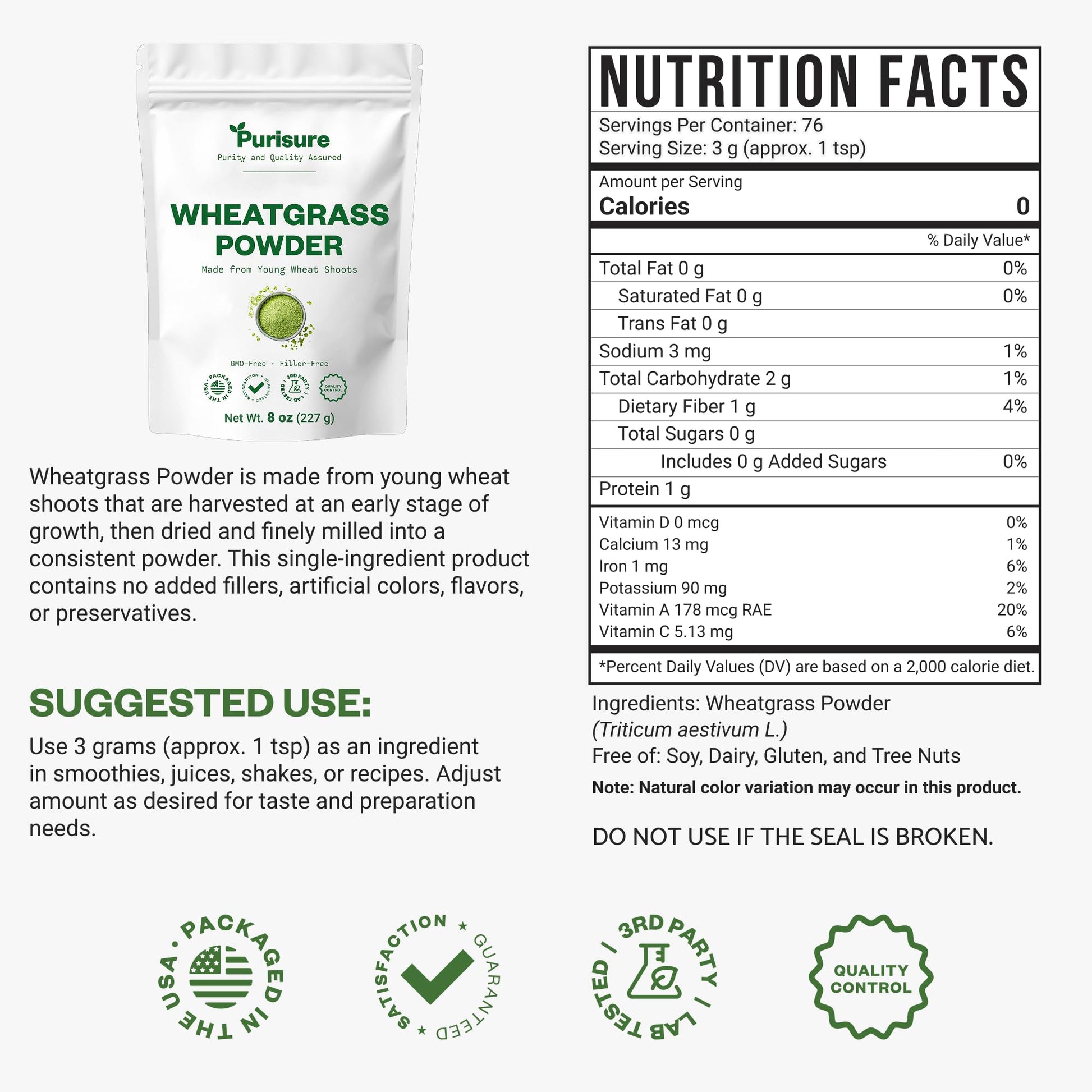 Purisure Wheatgrass Powder, 8oz, Wheat Grass Powder, Green Superfood for Salads, Smoothie and Shakes, Superfood Powder Rich in Immunity Vitamins, Fiber and Minerals, 76 Servings Purisure uk supplements