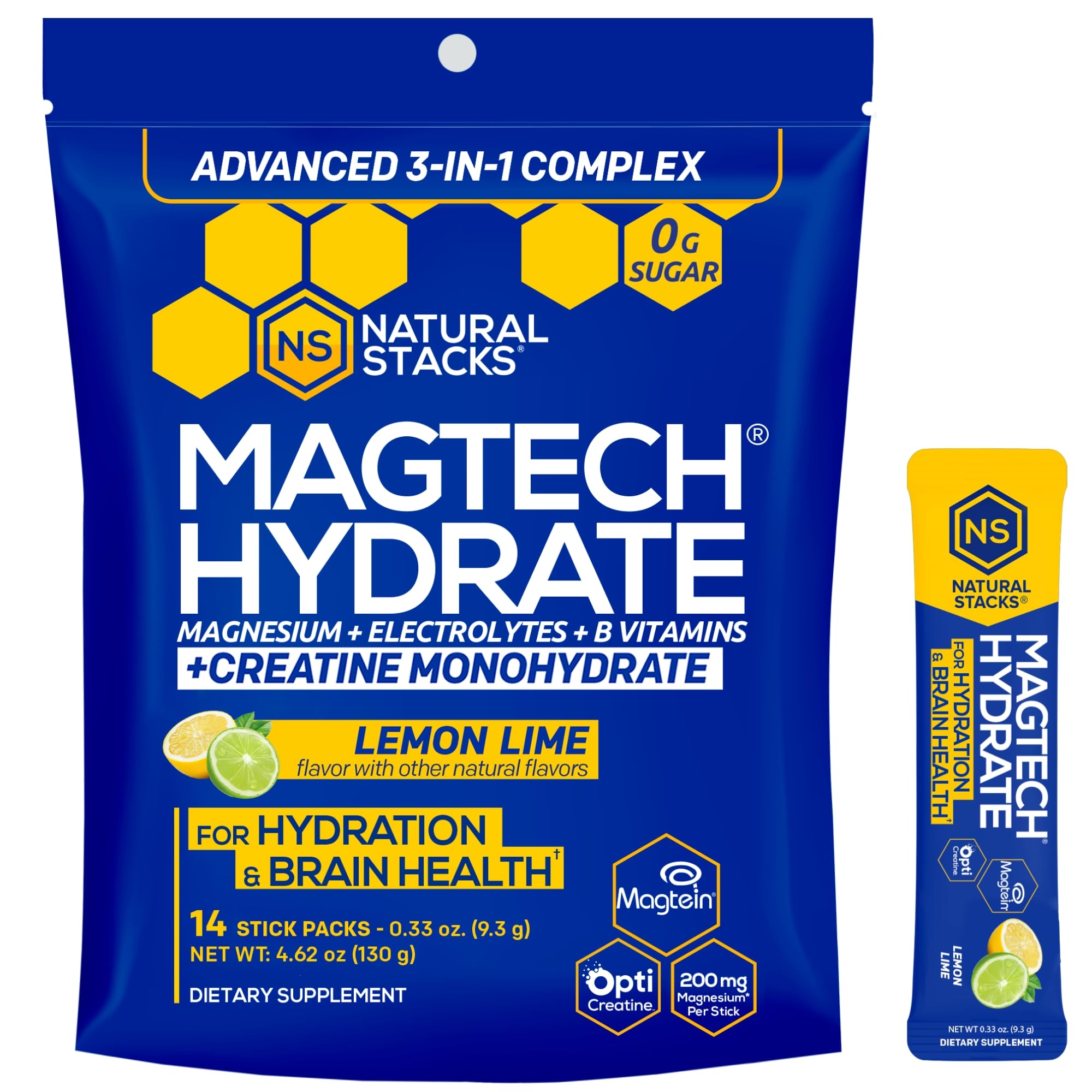 NATURAL STACKS Magtech Magnesium Hydrate + Creatine - Sugar Free Electrolyte Drink - Magtein Magnesium L-Threonate, Glycinate & Taurate - Supports Hydration & Cellular Energy - 14 Hydration Packets NATURAL STACKS uk supplements
