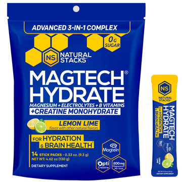NATURAL STACKS Magtech Magnesium Hydrate + Creatine - Sugar Free Electrolyte Drink - Magtein Magnesium L-Threonate, Glycinate & Taurate - Supports Hydration & Cellular Energy - 14 Hydration Packets NATURAL STACKS uk supplements