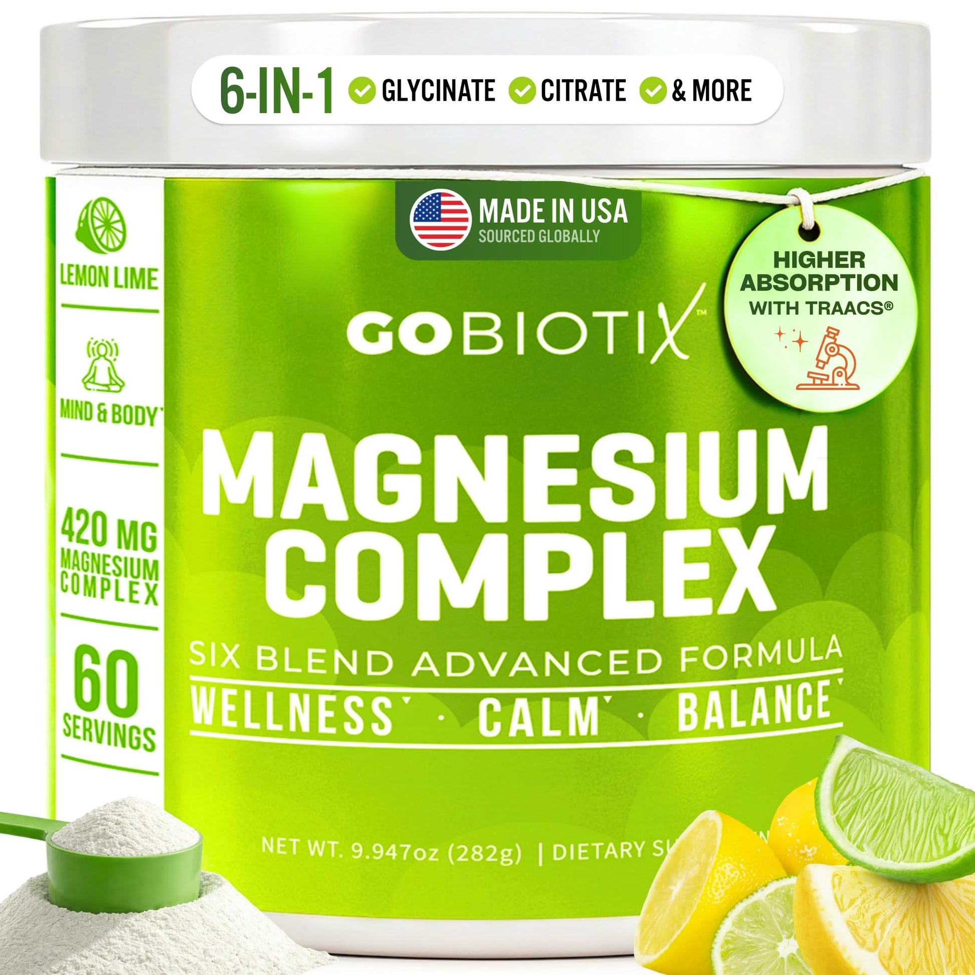 GoBiotix Magnesium Glycinate Powder – Cortisol Supplements for Women and Men – High Absorption Magnesium Complex Calm Supplement with Citrate, Malate – Sugar Free – 420 mg, 60 Servings - Lemon Lime GOBIOTIX uk supplements