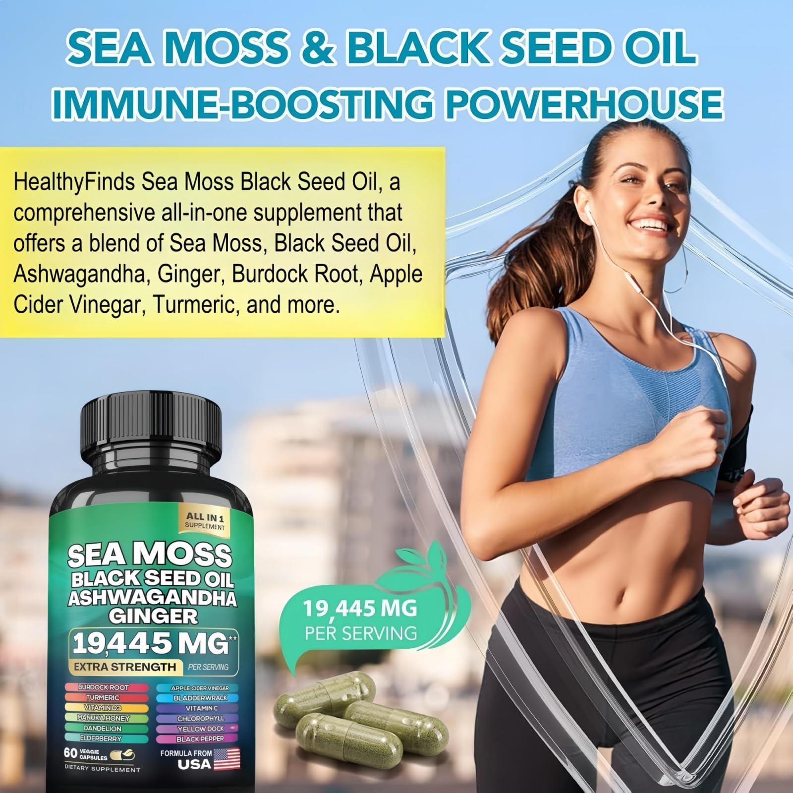 HealthyFinds Sea Moss Black Seed Oil Ashwagandha Ginger Capsules with Turmeric Bladderwrack Burdock & Vitamin C Vitamin D3 with Elderberry Manuka Dandelion Yellow Dock Iodine Chlorophyll ACV HealthyFinds uk supplements