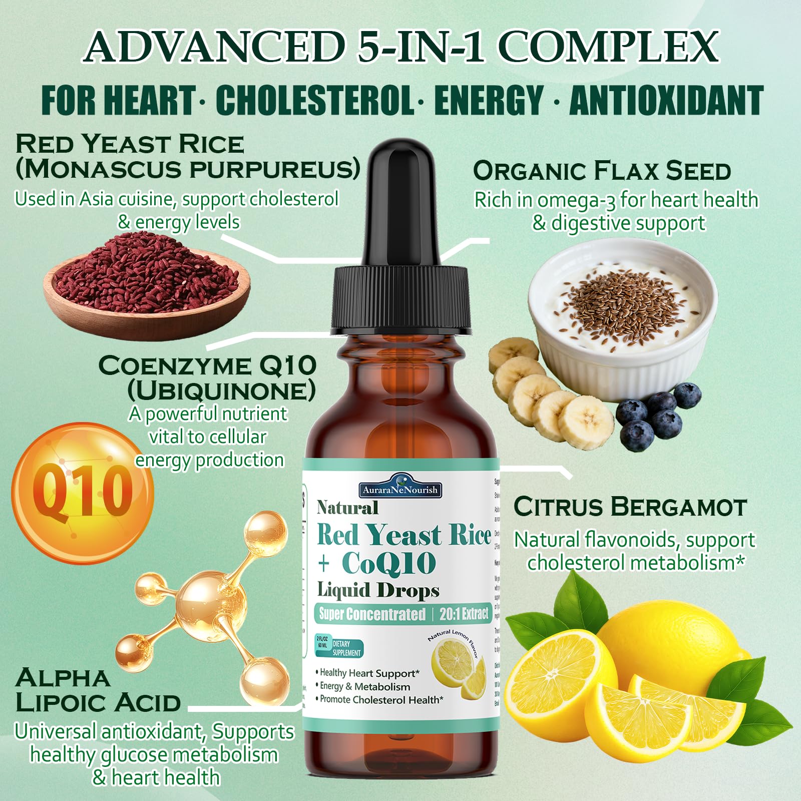 Liposomal Red Yeast Rice with Coq10 Liquid Drops, 5-in-1 Extra Strength 1200mg Cholesterol & Heart Support w. Citrus Bergamot Alpha Lipoic Acid | Cholesterol Lowering Supplement | GMO & Citrinin Free AuraraNeNourish uk supplements