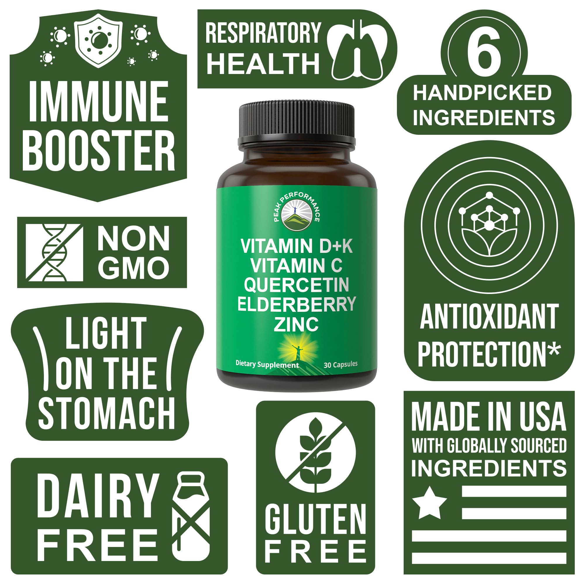 Immune Support Supplement with 6 Top Ingredients. Vitamin D3 K2 + Vitamin C + Elderberry + Zinc + Quercetin. Includes 5000 IU Vitamin D. Immunity Capsules. Supplements for Women and Men Peak Performance uk supplements