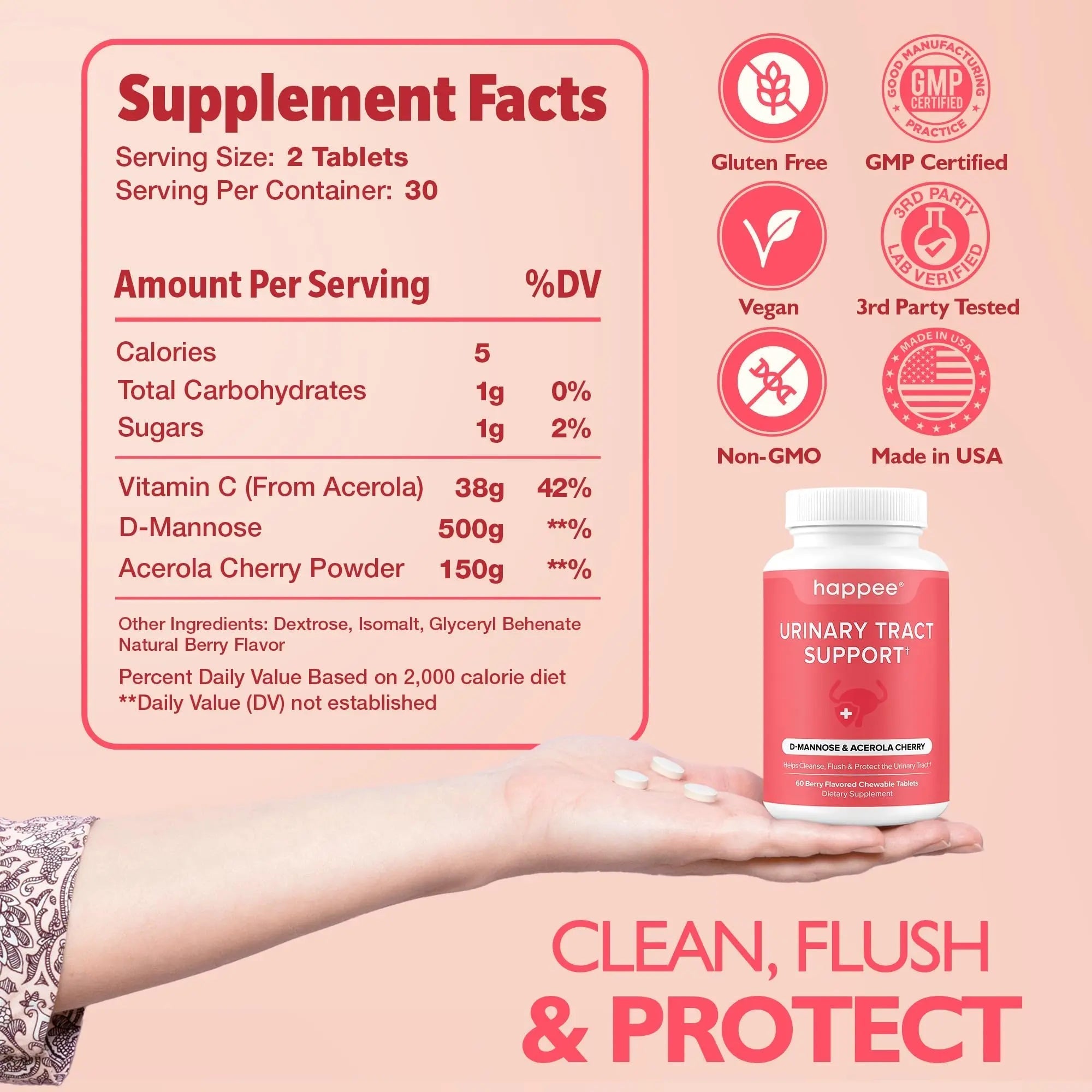 Happee Urinary Tract Health Supplement for Women & Men – Fast-Acting UTI Relief and Prevention, 500mg D-Mannose & Antioxidants, Supports Kidney and Bladder Health, Berry Flavor, 60 Chewables Happee uk supplements