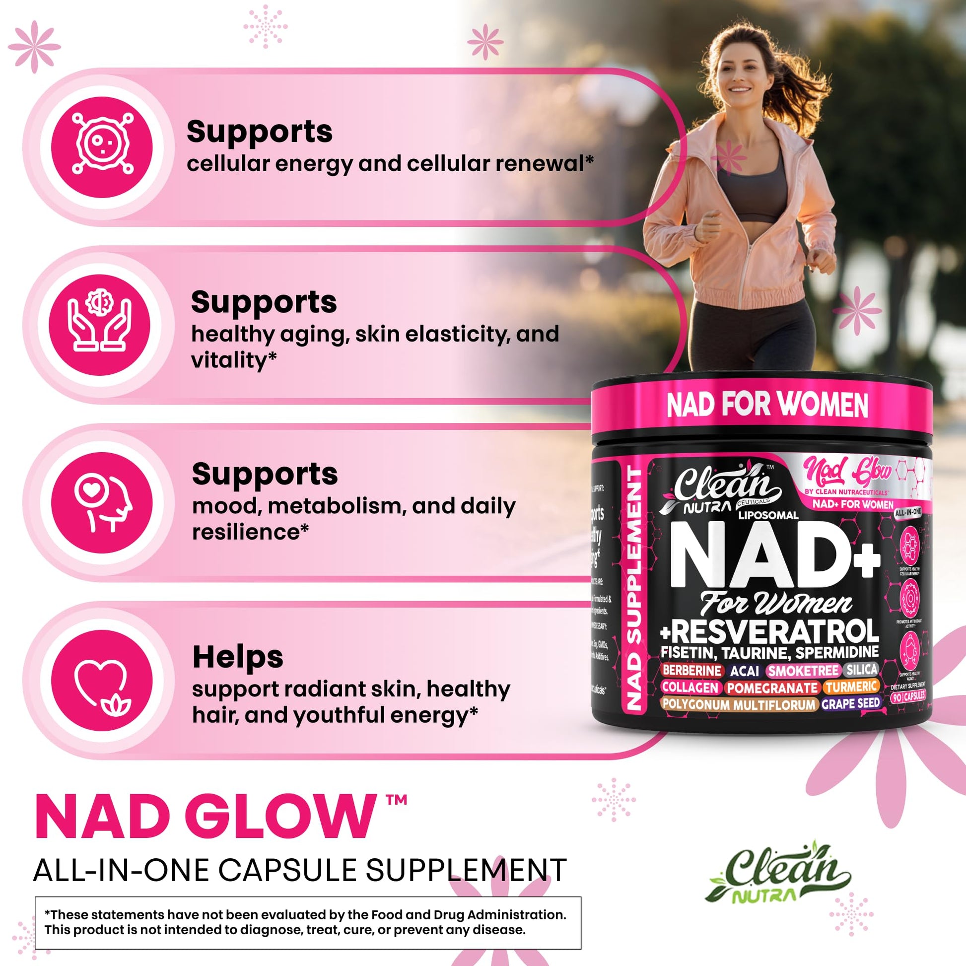 NAD+ Resveratrol Supplement for Women NAD Turmeric Vitamin C Acai Pomegranate Collagen Peptides Nicotinamide Riboside Fisetin Vitamin E Polygonum Multiflorum Berberine 90 Capsules by Clean Nutra Clean Nutraceuticals uk supplements