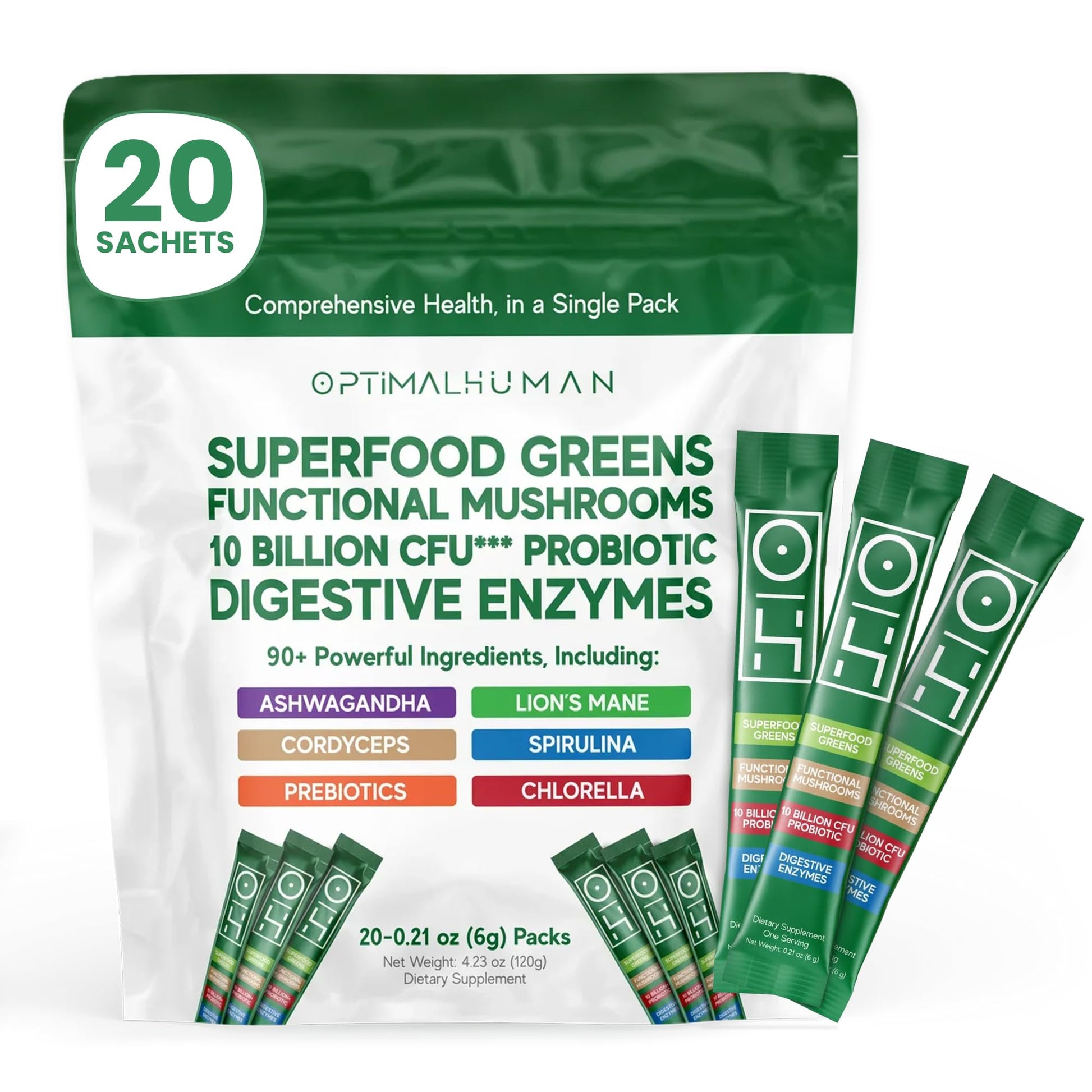 Optimal Human Superfood Greens Powder – 90+ Ingredient Blend with Lion’s Mane Supplement, Ashwagandha & Turmeric – Non-GMO, Soy-Free, Mushroom Supplements for Women – 20 Sachets O H uk supplements