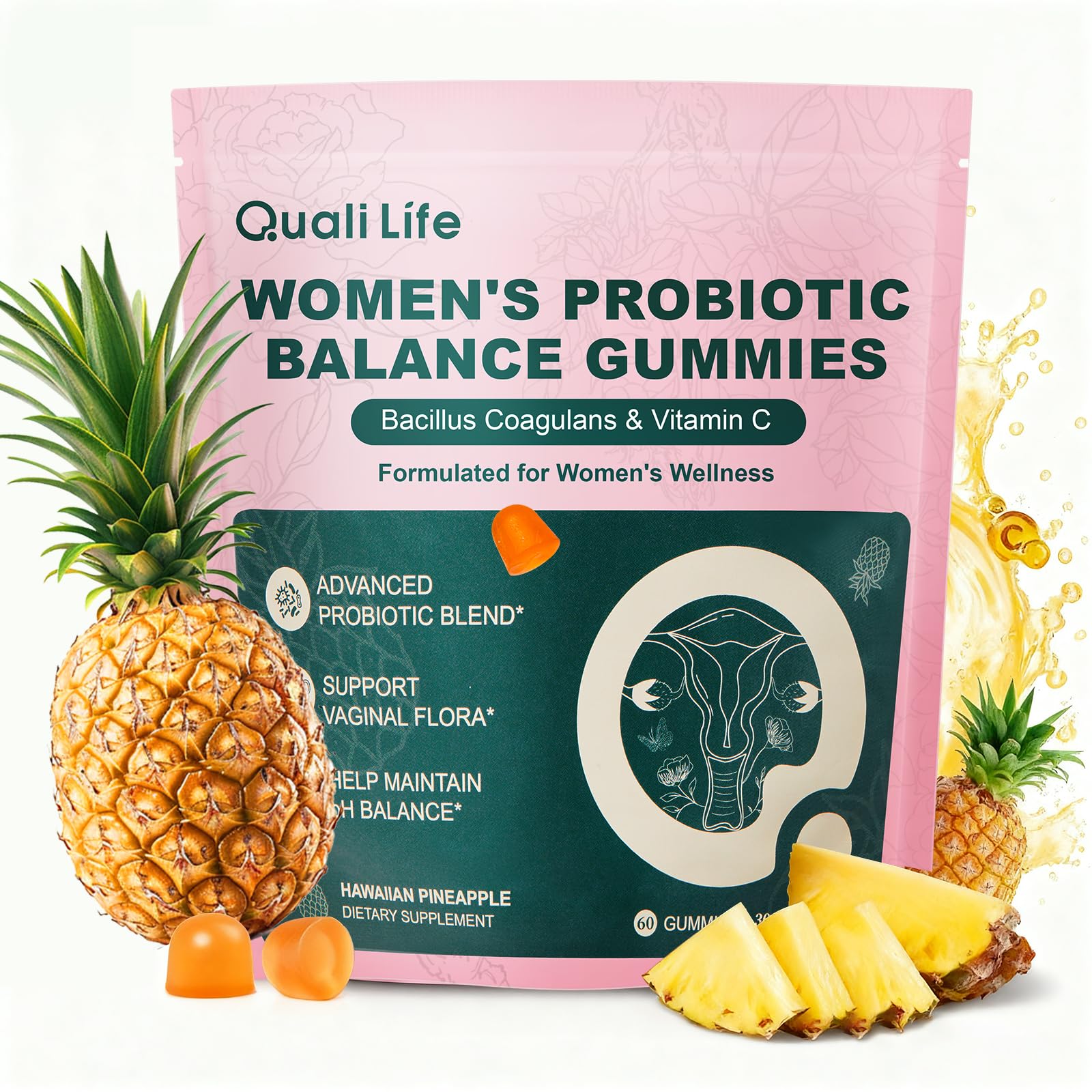 QualiLife Premium Feminine Balance Gummies for Women – Probiotic Vaginal Health Support with Vitamin C – pH Balance & Flora Support – Sugar Free, Vegan, Hawaiian Pineapple Flavor – 60 Gummies (1) QualiLife uk supplements