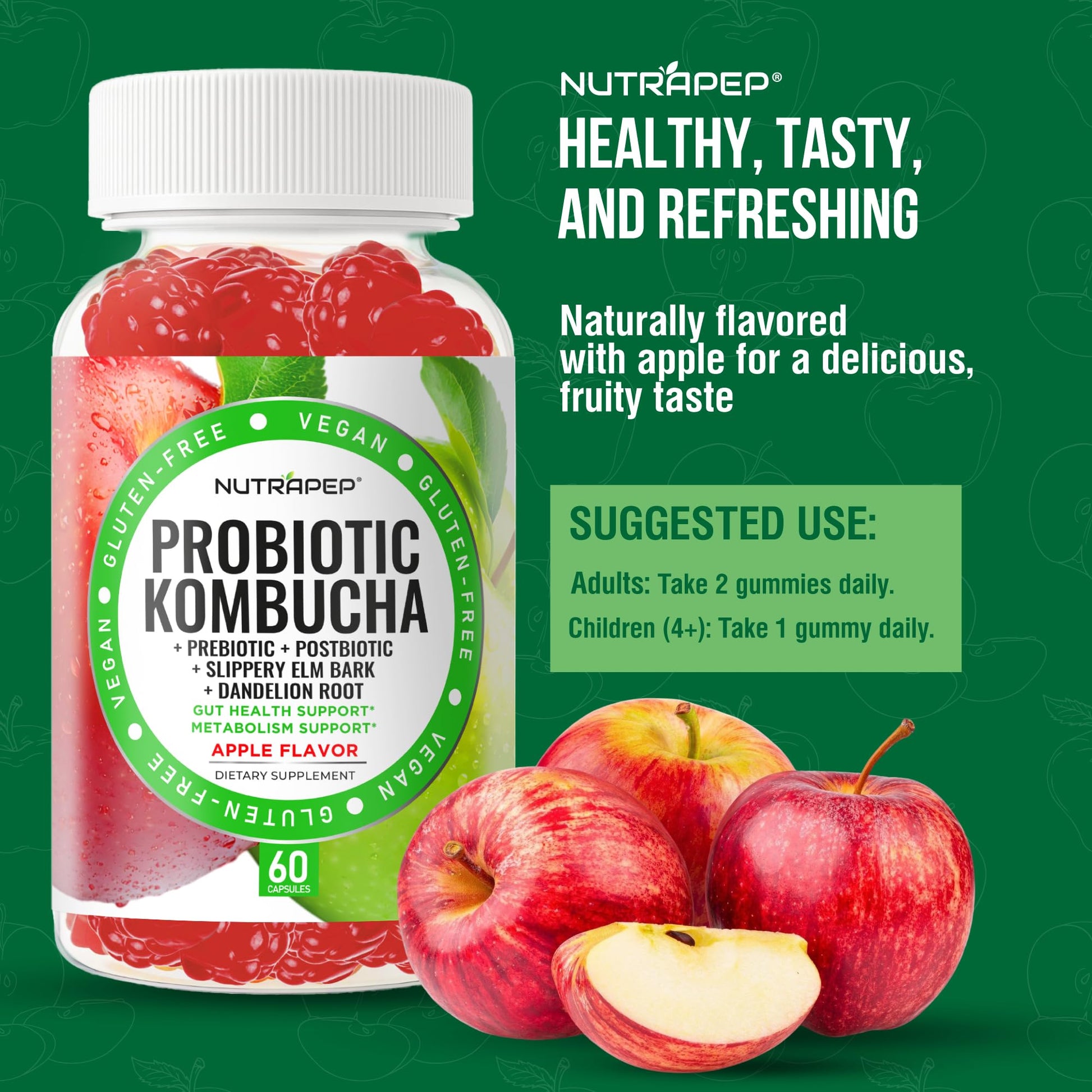 NutraPep Probiotic Kombucha Gummies - Women Men Probiotic Prebiotic Probiotic Blend for Gut Health Bloating Metabolism Support with Slippery Elm Bark Dandelion Root - Vegan Gluten Free Apple Flavor NutraPep uk supplements