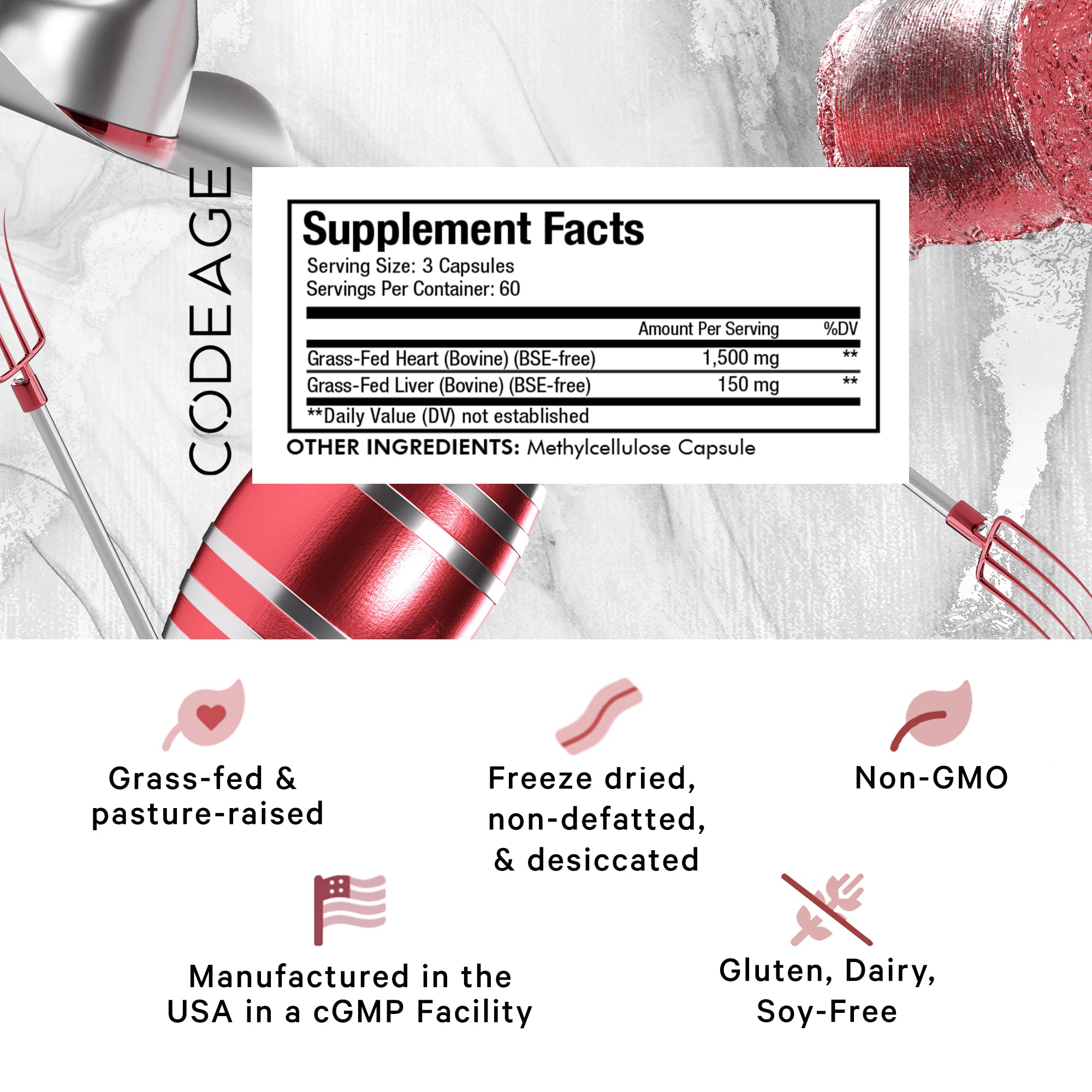 Codeage Grass Fed Beef Heart Supplement - Freeze Dried, Non-Defatted, Desiccated Glandular Supplements - Bovine Meat & Liver Pills - Beef Vitamins for Heart - Non-GMO -180 Capsules Codeage uk supplements