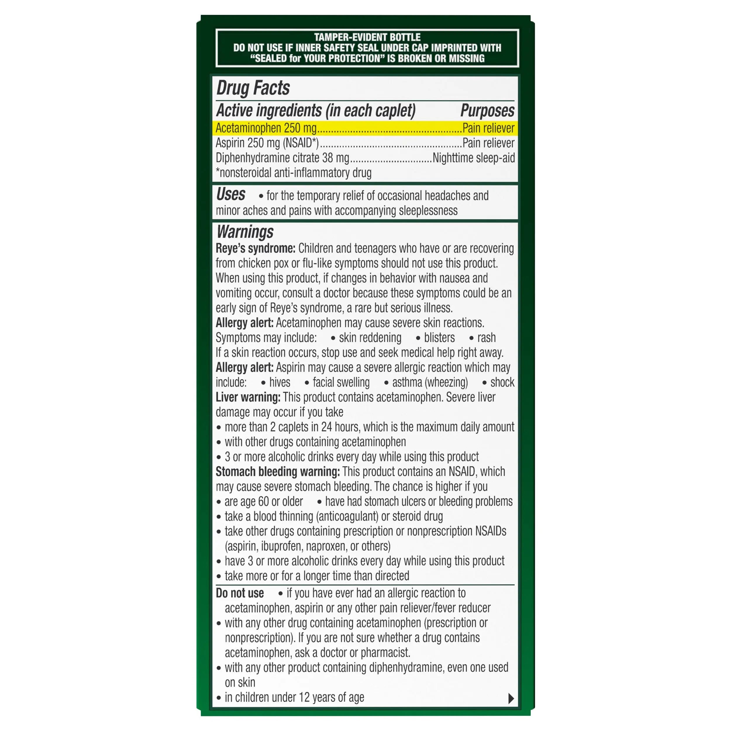 Excedrin PM for Headache Relief, Acetaminophen 250mg, Aspirin 250mg, Diphenhydramine Citrate 38mg, Pain Reliever, Nighttime Sleep-Aid, 100 Count Excedrin uk supplements