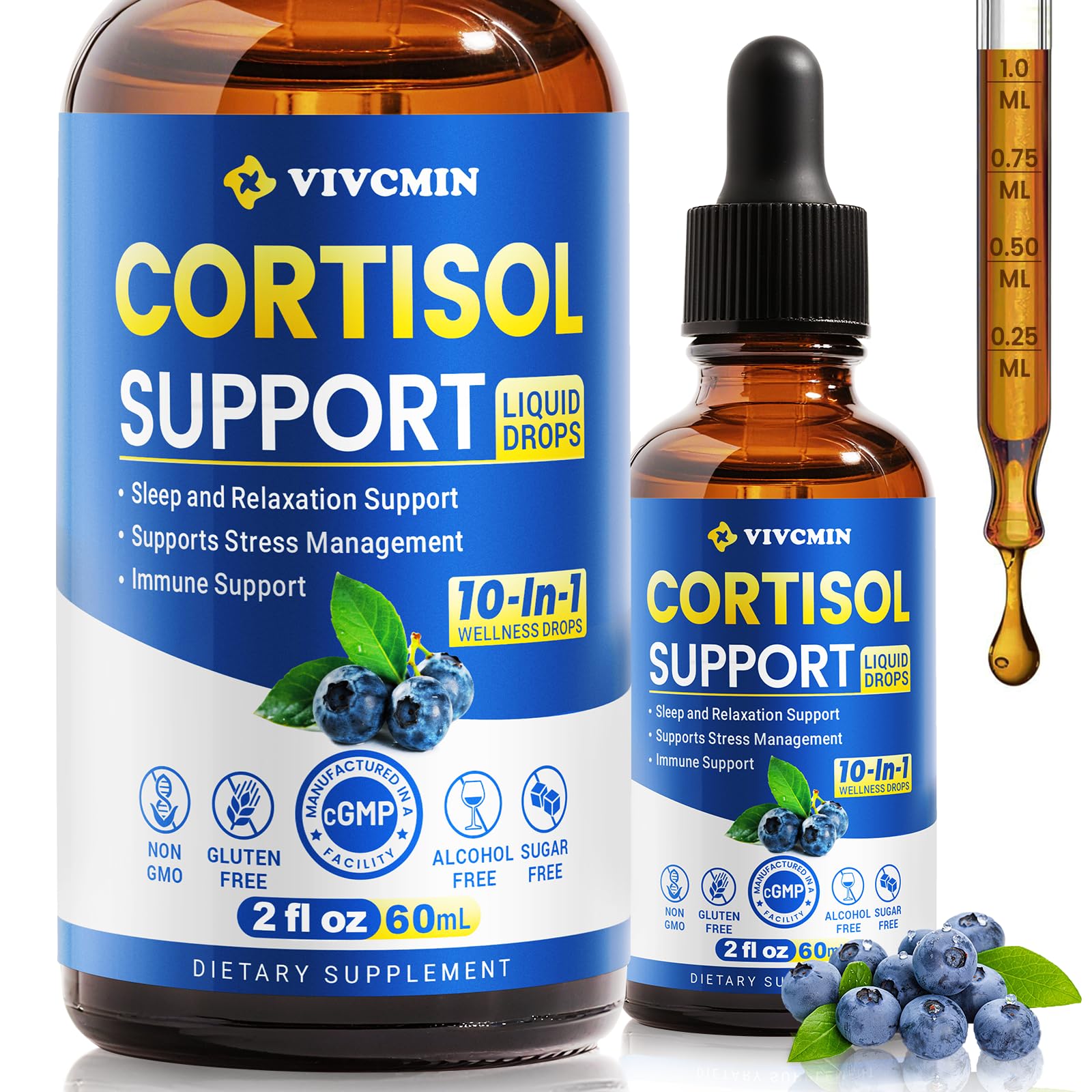 vivcmin 10 in 1 Cortisol Supplements for Women & Men, Cortisol Reducer with Ashwagandha, Magnesium, L-Theanine, Hormone Balance Drops - Sleep & Mood Support, 2 Fl Oz, Blueberry Flavor vivcmin uk supplements