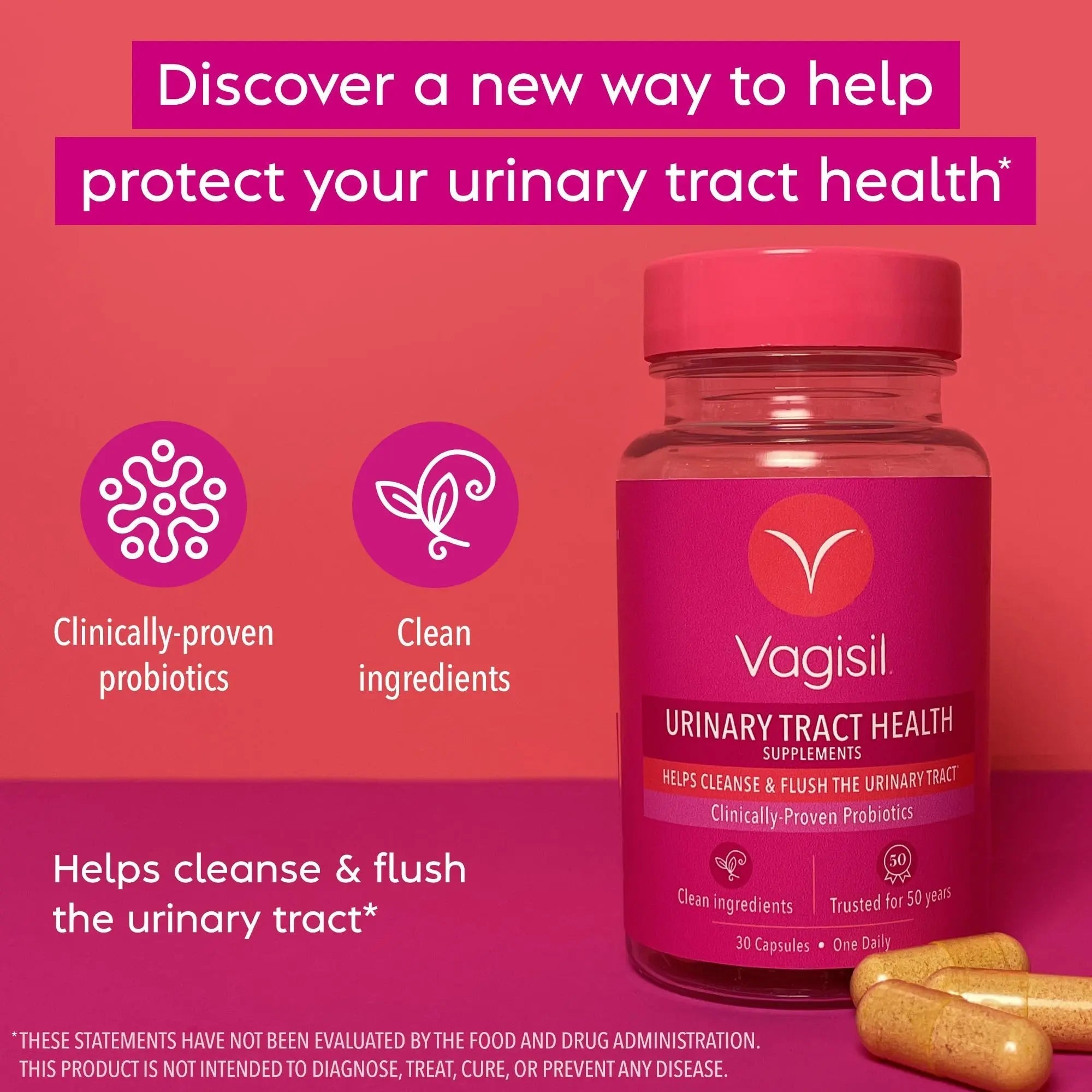 Vagisil Urinary Tract Health Supplements, Clinically-Proven Probiotics, Protects Urinary Tract Health, Clean Ingredients, Helps Cleanse and Flush UTI-Causing Bacteria, 1 Capsule Daily, 30 Capsules Vagisil uk supplements