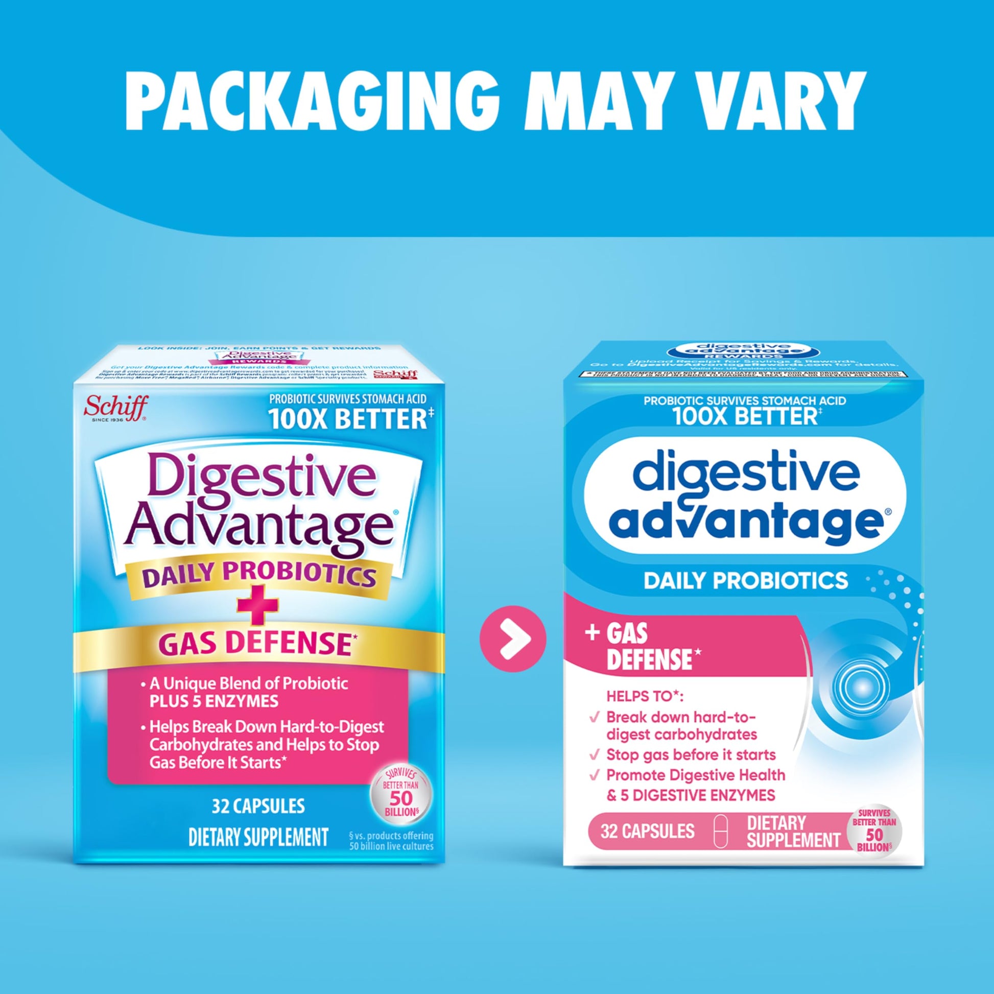 Digestive Enzyme and Probiotic Capsule- Digestive Advantage 32 Capsules, Survives 100x Better than regular 50 billion CFU, Breaks down food, helps prevent gas Digestive Advantage uk supplements