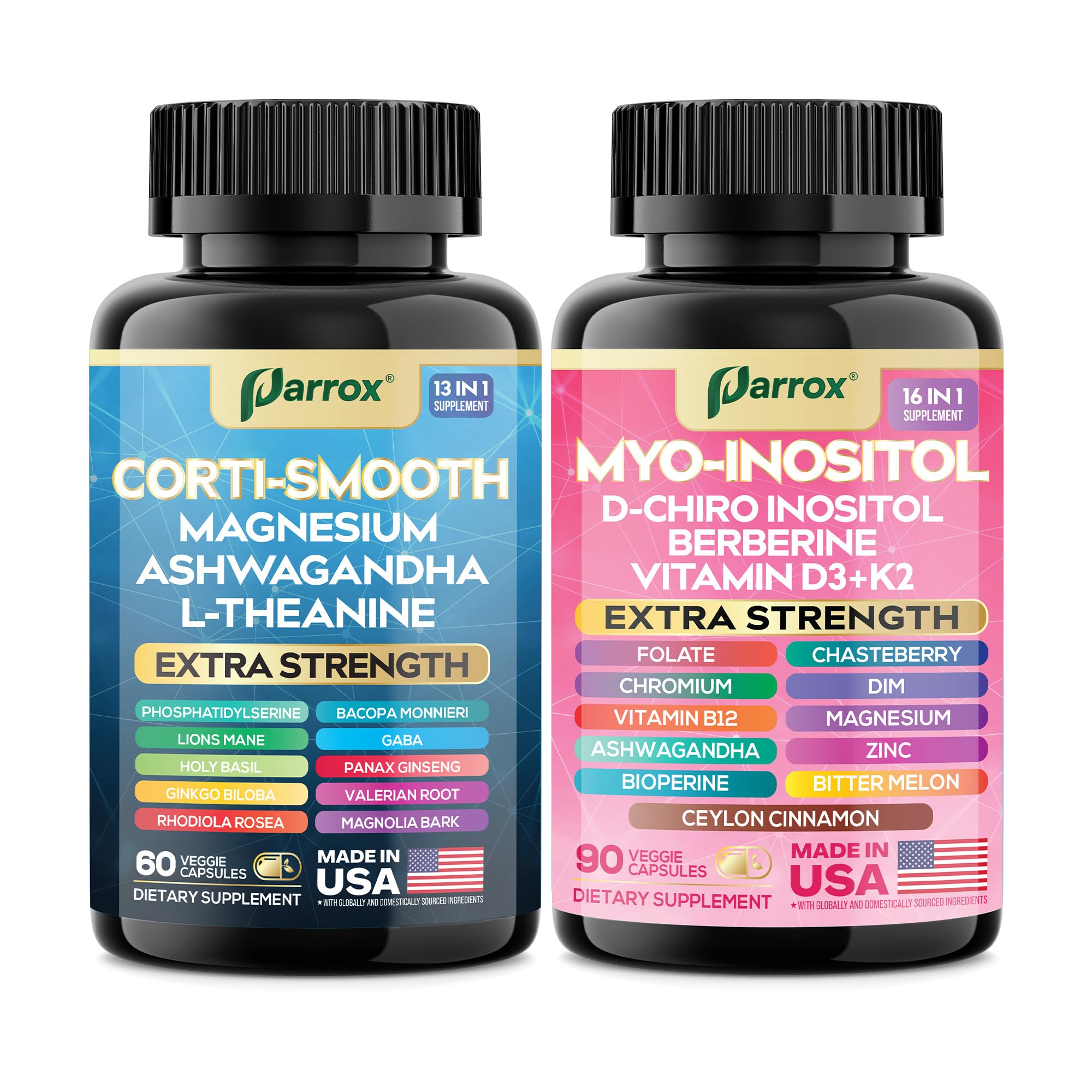 Parrox Cortisol & Myo-Inositol Supplement Bundle, Soothe & Smooth Bundle, 13-in-1 Cortisol Balance, Magnesium, Ashwagandha, L-Theanine, D-Chiro Inositol, Folate, Berberine, Chasteberry (150 Capsules) Parrox uk supplements