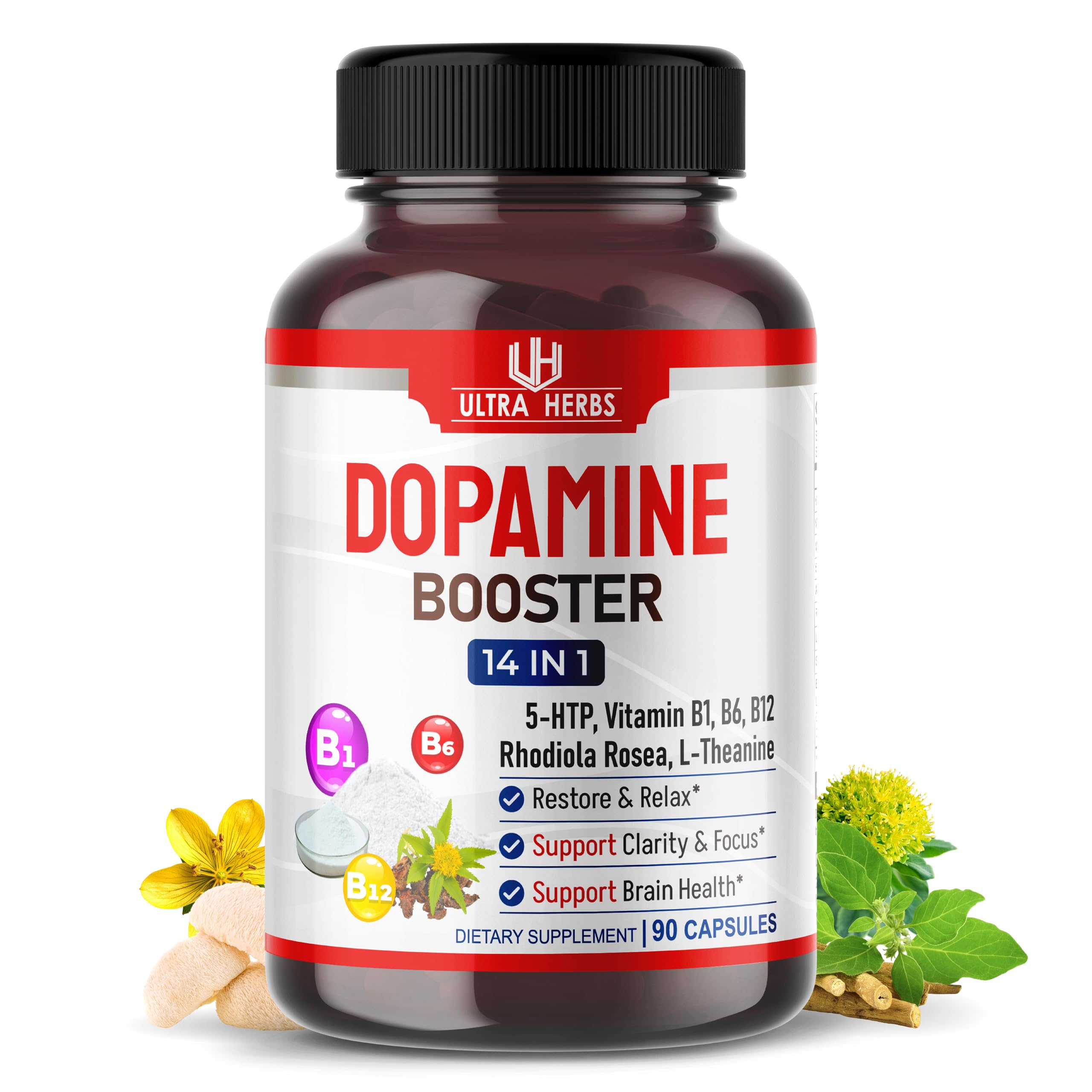 Dopamine Focus Supplement Ashwagandha 5-HTP Rhodiola Rosea St. John's Wort - Increase Memory Clarity Focus Restore Relax with VIT B1, B6, B12, L-Theanine ULTRA HERBS uk supplements