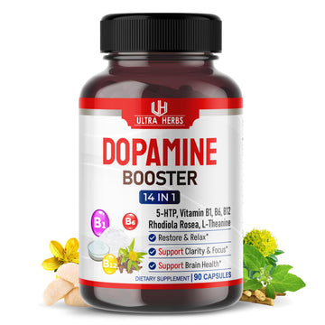 Dopamine Focus Supplement Ashwagandha 5-HTP Rhodiola Rosea St. John's Wort - Increase Memory Clarity Focus Restore Relax with VIT B1, B6, B12, L-Theanine ULTRA HERBS uk supplements