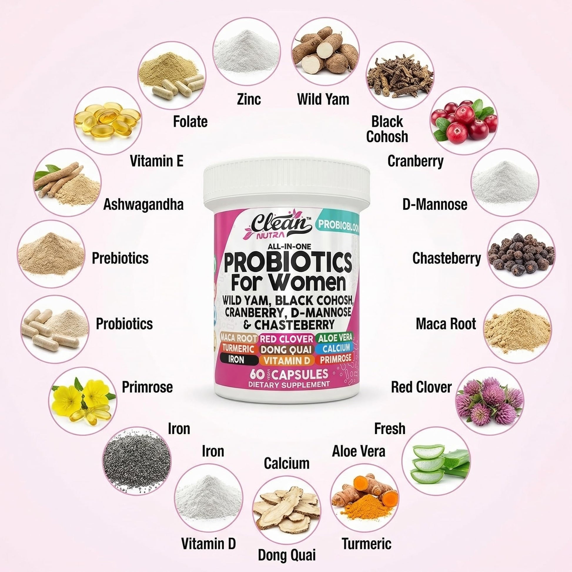 Clean Nutraceuticals Probiotics for Women with D Mannose, Cranberry Extract, Wild Yam, Chasteberry - 20 Probiotic and Prebiotic Strains - PH Balance, Womens Probiotic for Digestive Health - 60 Count Clean Nutraceuticals uk supplements
