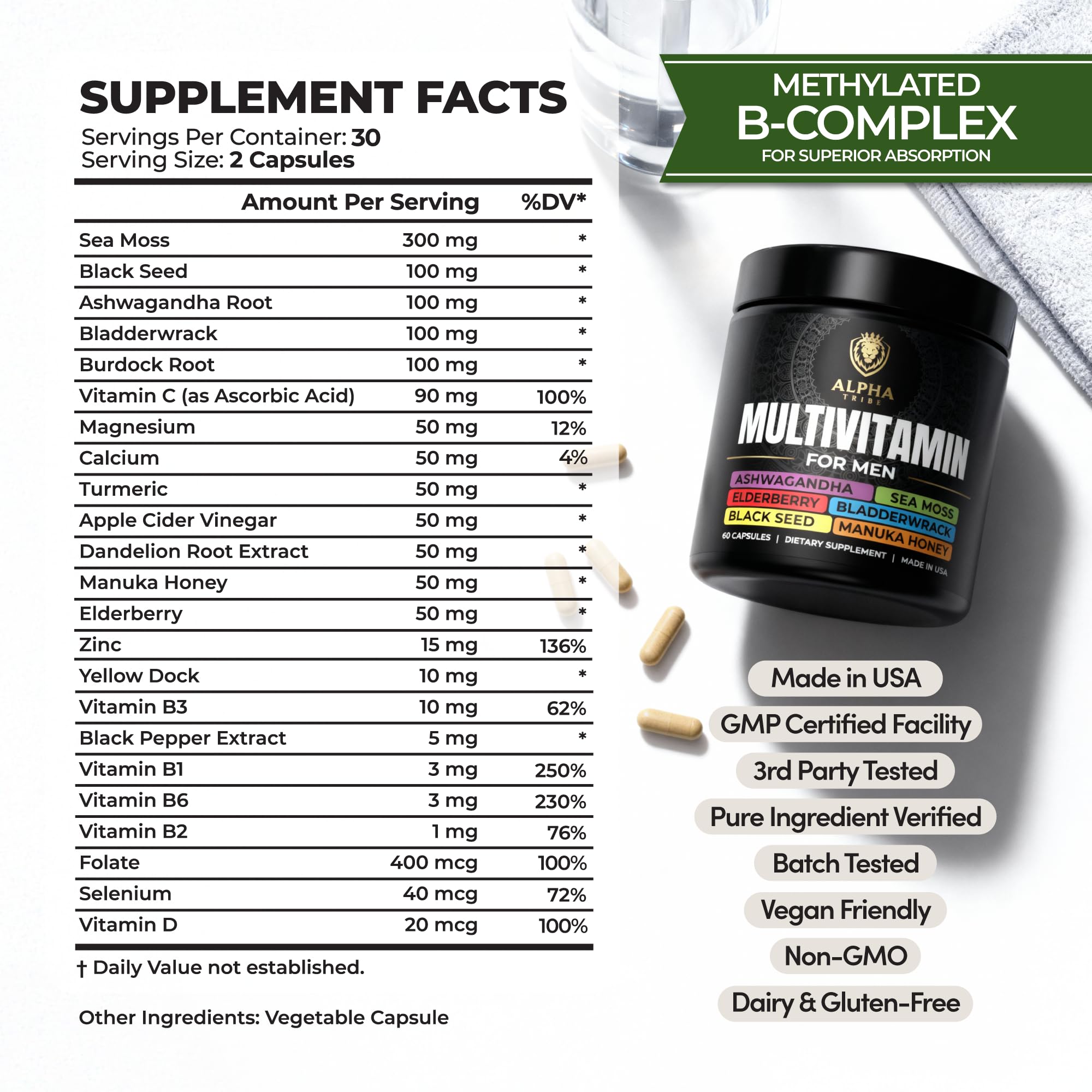 Alpha Tribe Multivitamin for Men & Organizer w/Seamoss Black Seed Oil Ashwagandha Burdock Root Turmeric Bladderwrack Vitamin C | Daily Men's Vitamins & Minerals Supplement | 60 Count Alpha Tribe uk supplements