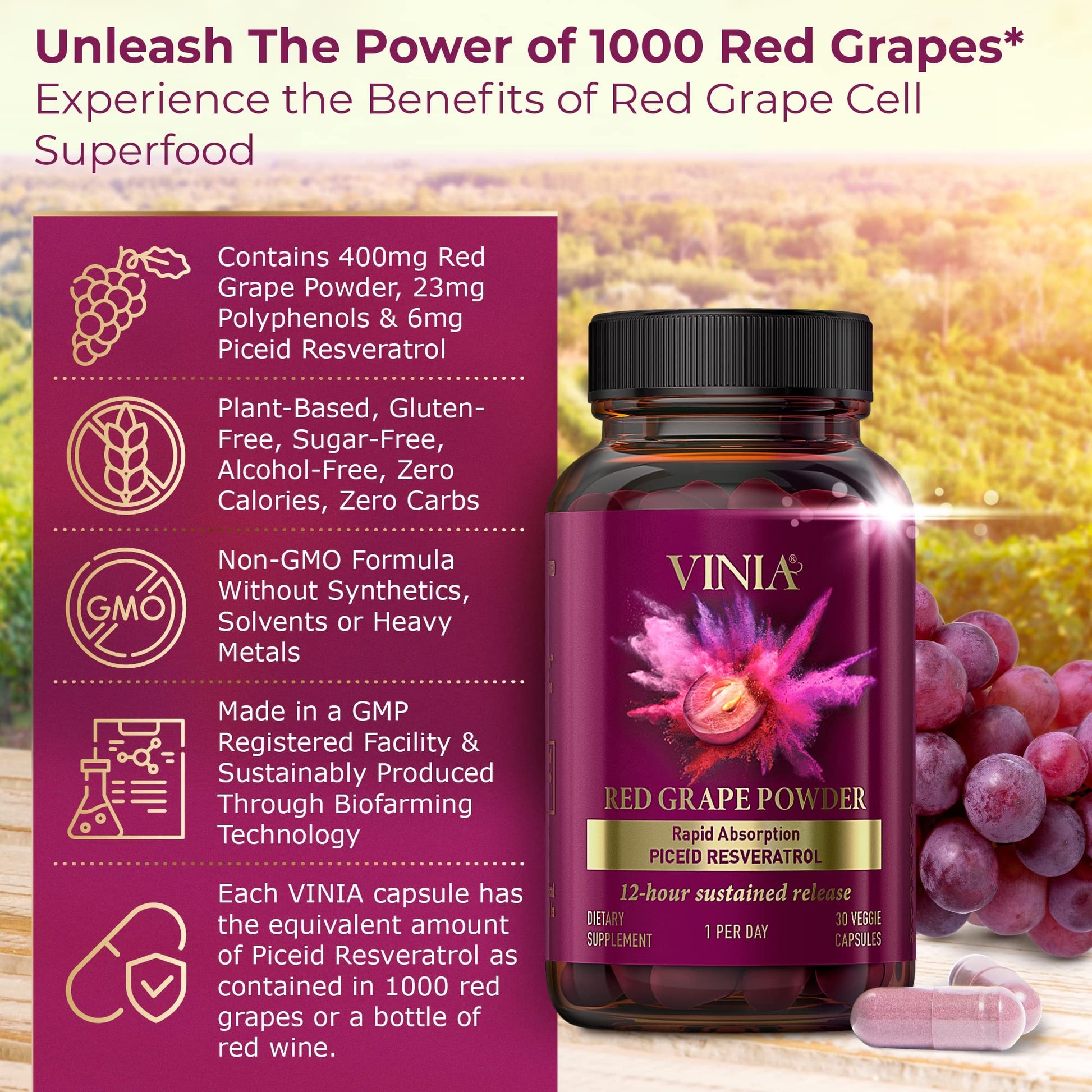 VINIA 12-Hour Sustained Release Piceid Resveratrol Supplement. Nitric Oxide Supplement VINIA uk supplements