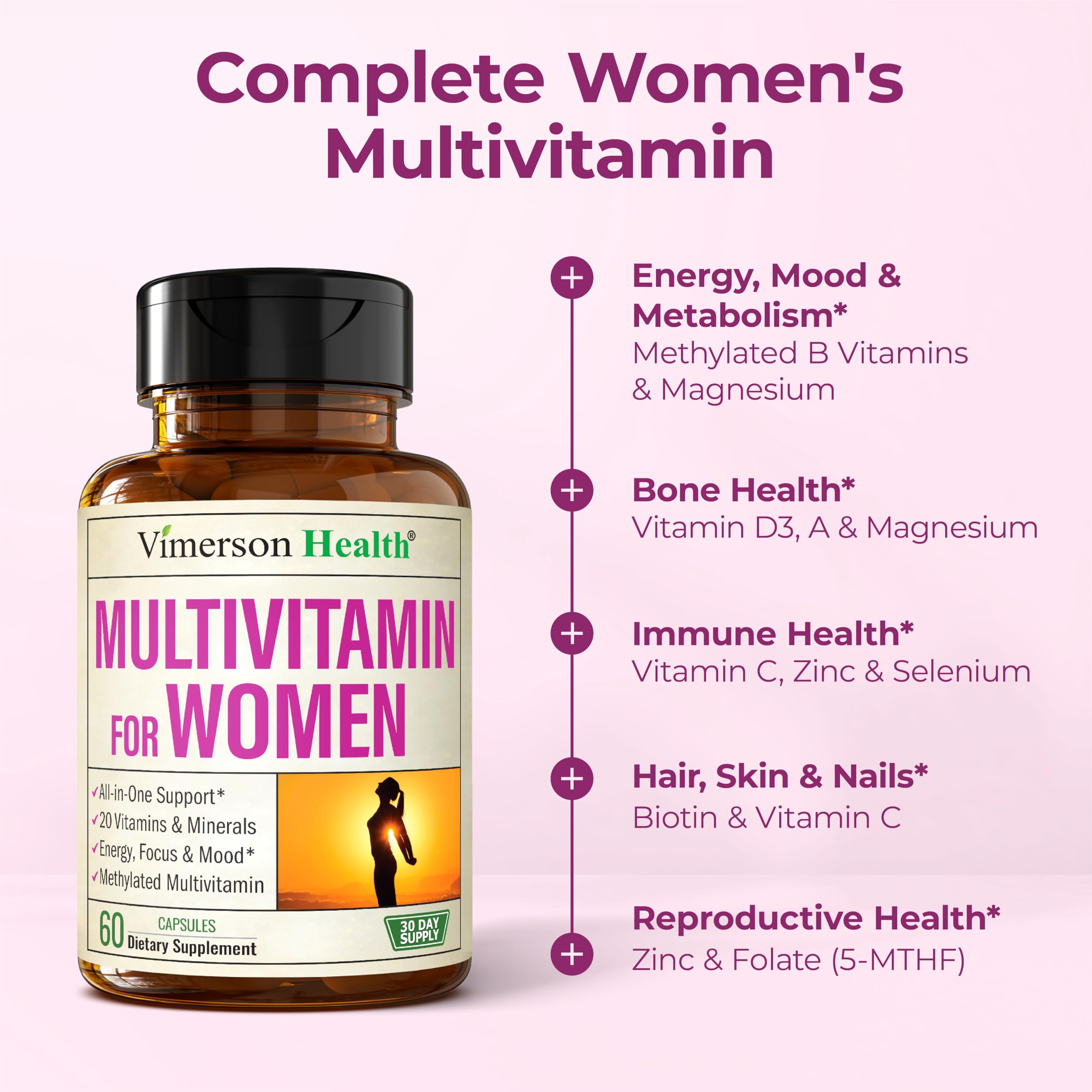 Methylated Multivitamin for Women w/Bioavailable Vitamins, Chelated Minerals, Vitamin D, B12, C, A & Zinc for Energy, Focus and Immune Health Vimerson Health uk supplements