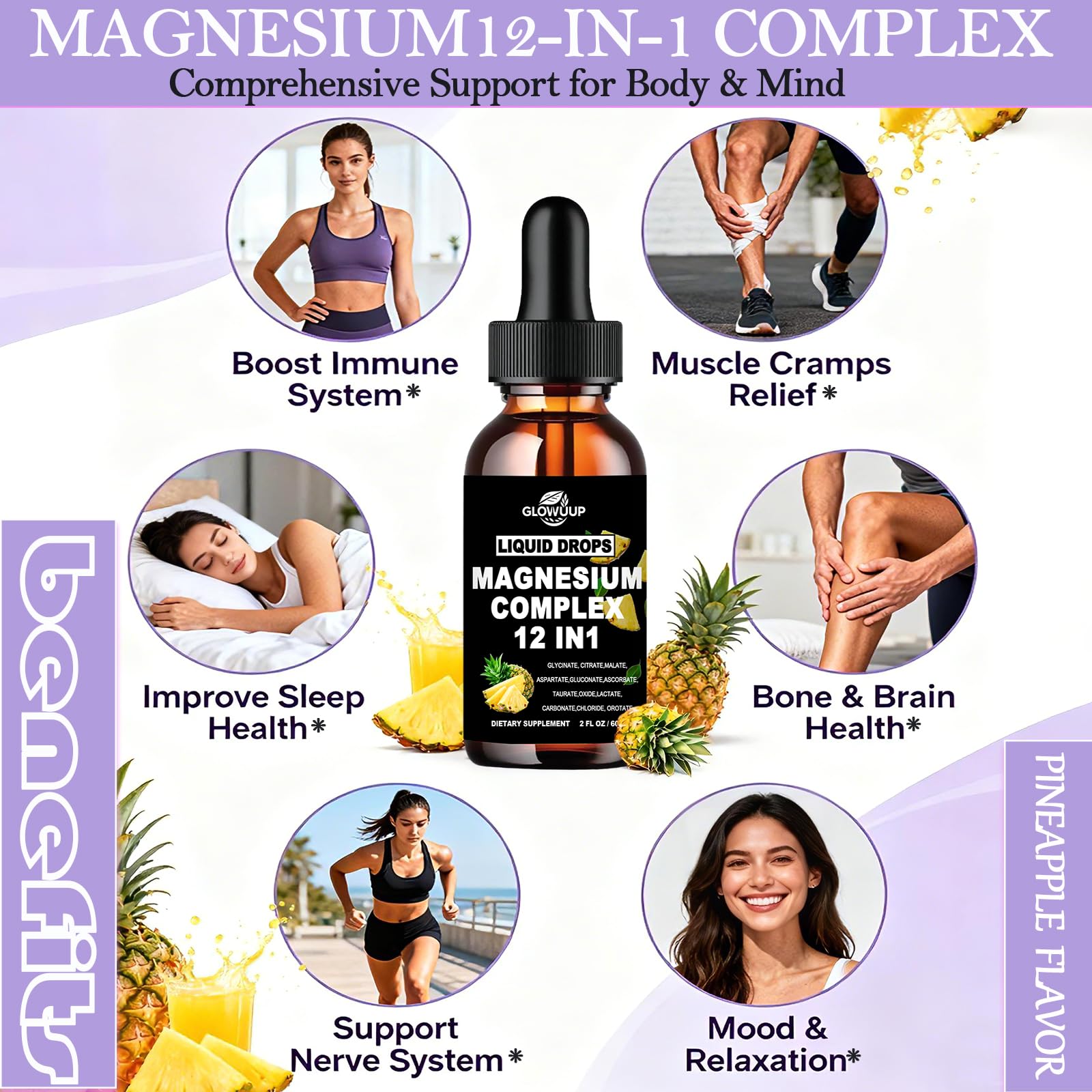 Magnesium 12 in 1 Complex 1000mg Supplement for Women & Men, High Absorption Liquid Magnesium W/Glycinate Citrate Malate Taurate Oxide Aspartate Orotate, Calm Magnesium for Sleep Muscle Heart Support GLOVVUUP uk supplements