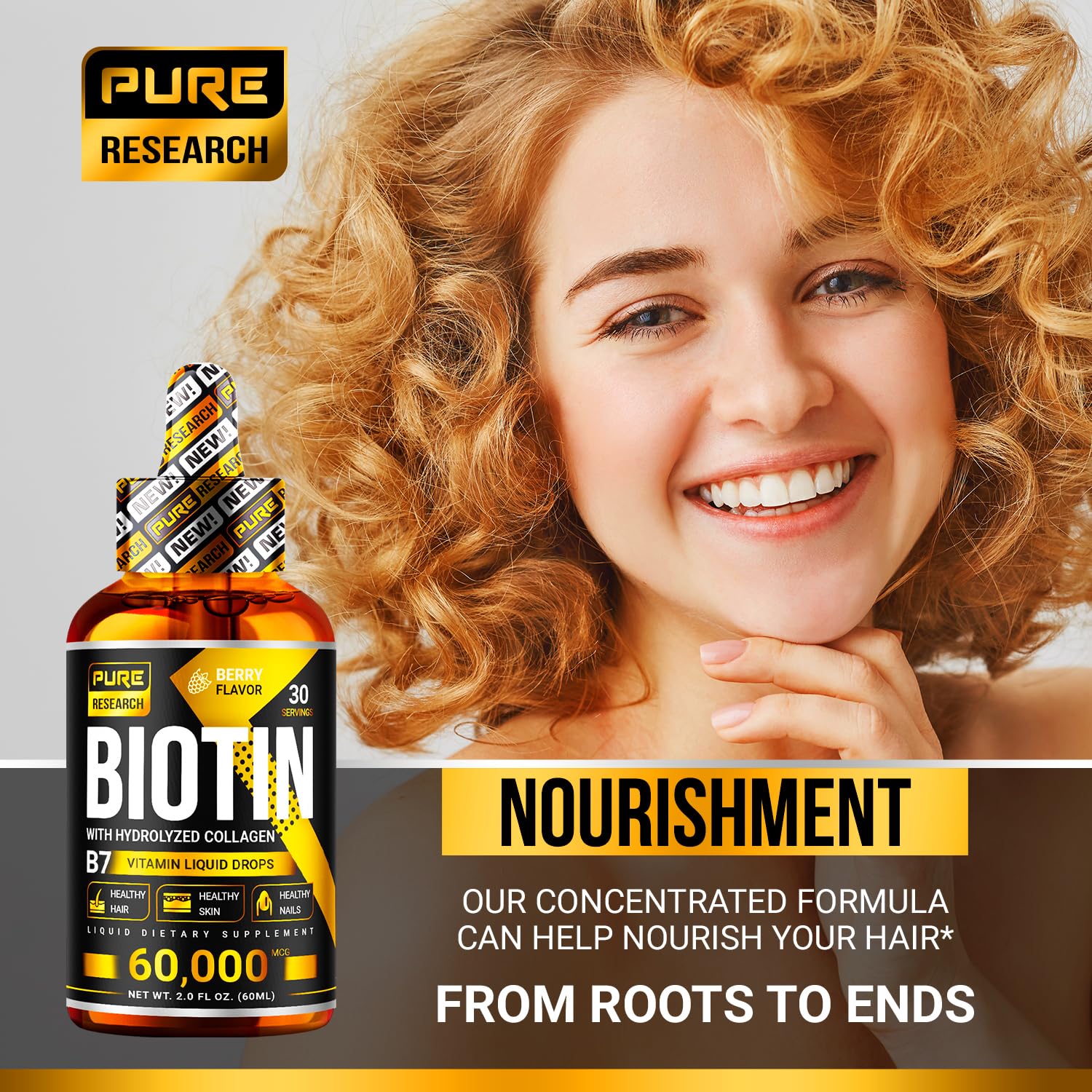 PURE RESEARCH Liquid Biotin & Collagen Hair Growth Drops 60,000mcg – Biotin and Liquid PURE RESEARCH uk supplements