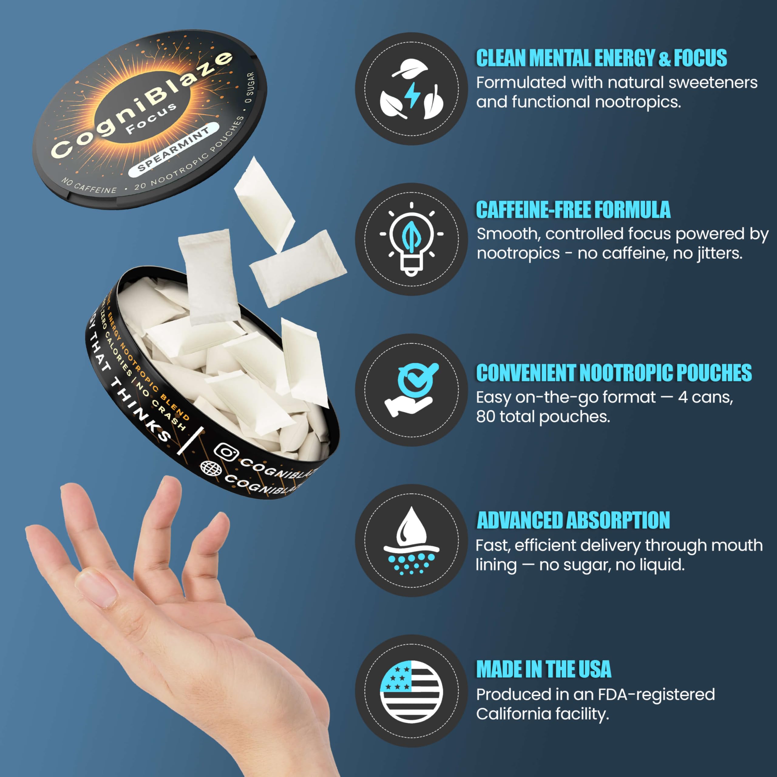 CogniBlaze Nootropic Pouches Caffeine Free (Spearmint) | 80 Focus Pouches for Clarity | 4 Pack (20 Per Can) | Mental Energy Pouches | 25mcg Huperzine A per Nootropic Pouch | Zero Calories CogniBlaze uk supplements