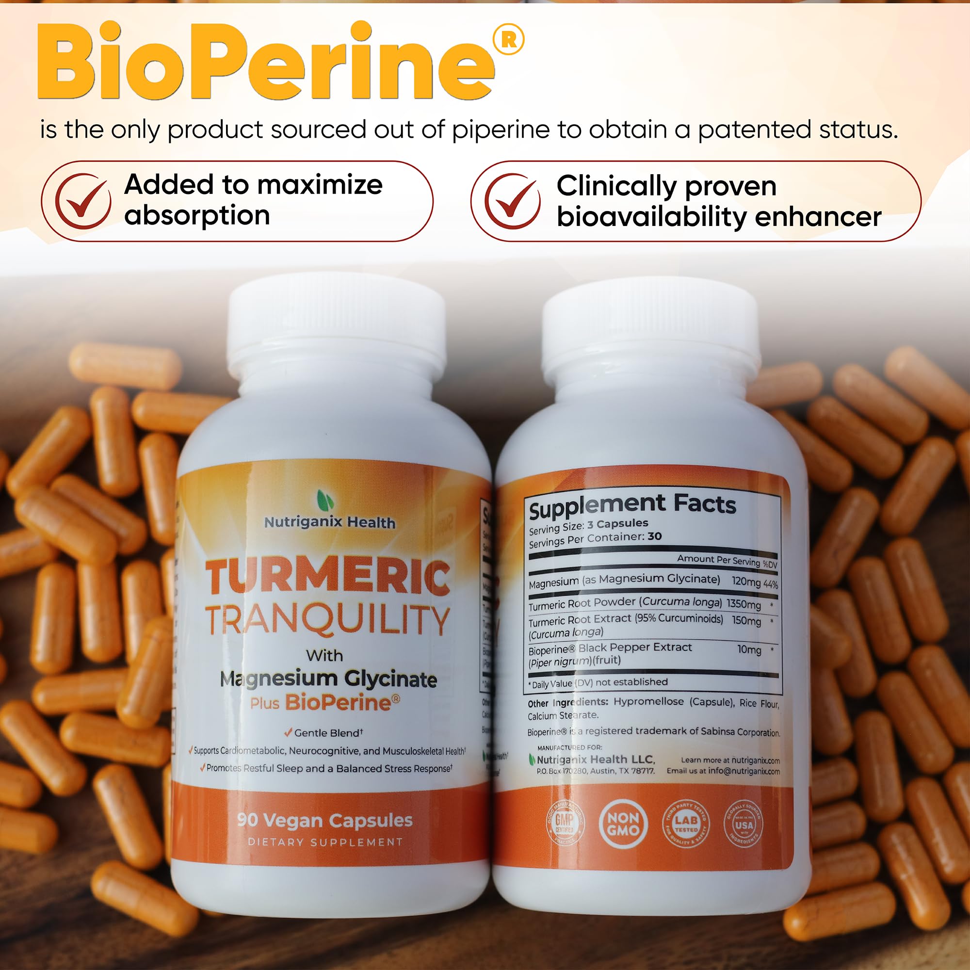 Turmeric Tranquility Turmeric Curcumin & Magnesium Glycinate with BioPerine – Support for Stress Relief, Sleep, Heart Health, Muscles, Metabolism, and Joint Health* - High Absorption - 90 Capsules (1) Nutriganix uk supplements