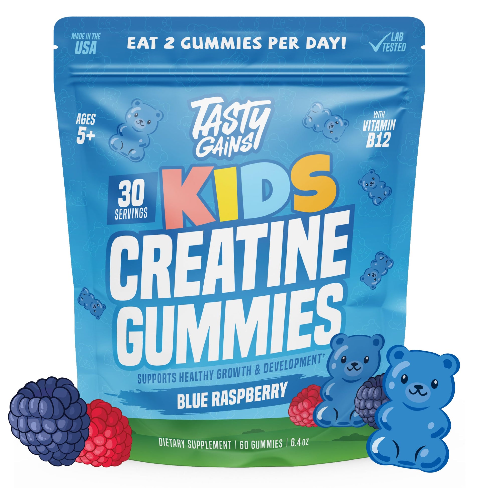 TASTY GAINS Kids & Teen Creatine Gummies with Vitamin B12 for Growth Support, Easy Chew Daily Supplement, Gummy Vitamins for Kids and Teens, Ages 5+ TASTY GAINS uk supplements