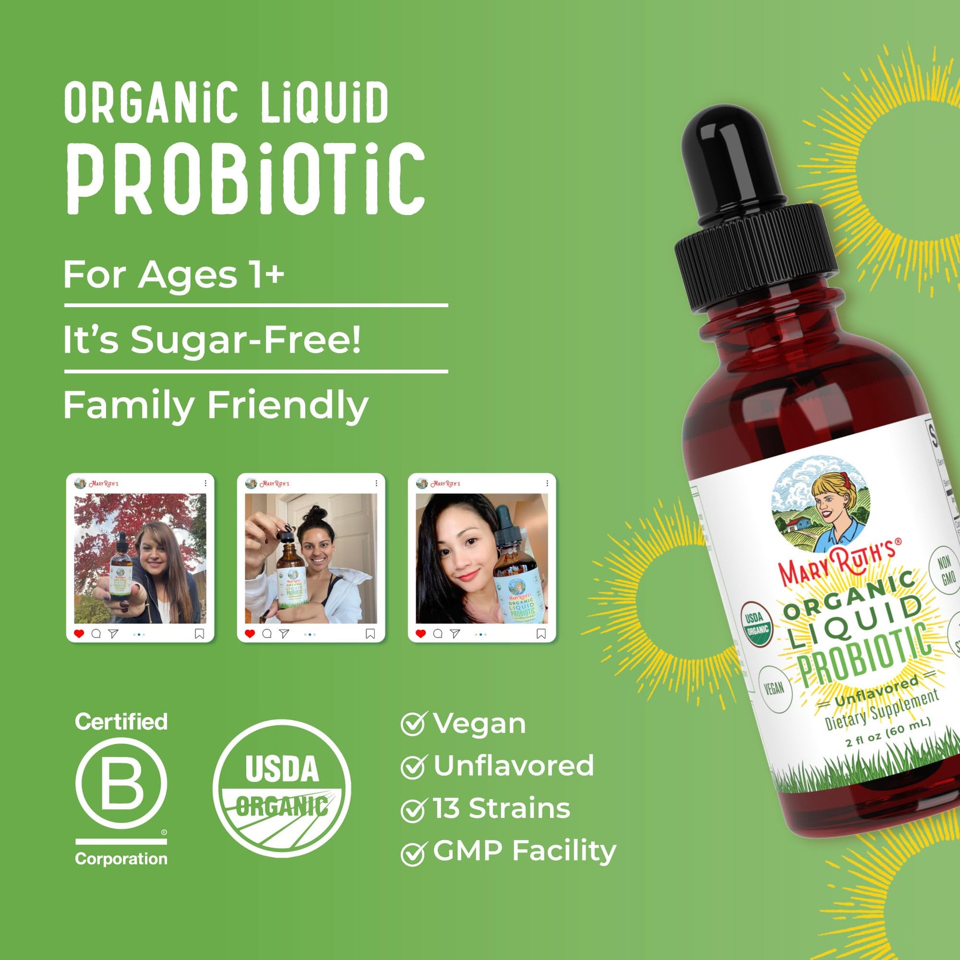 MaryRuth Organics Liquid Probiotic for Ages 4+ | 2 Billion CFU | 13 Probiotic Strains | Gut Health & Digestive Support | Gas & Bloating Support | Vegan | Gluten Free | Travel-Friendly | 20 Servings MARYRUTH'S uk supplements