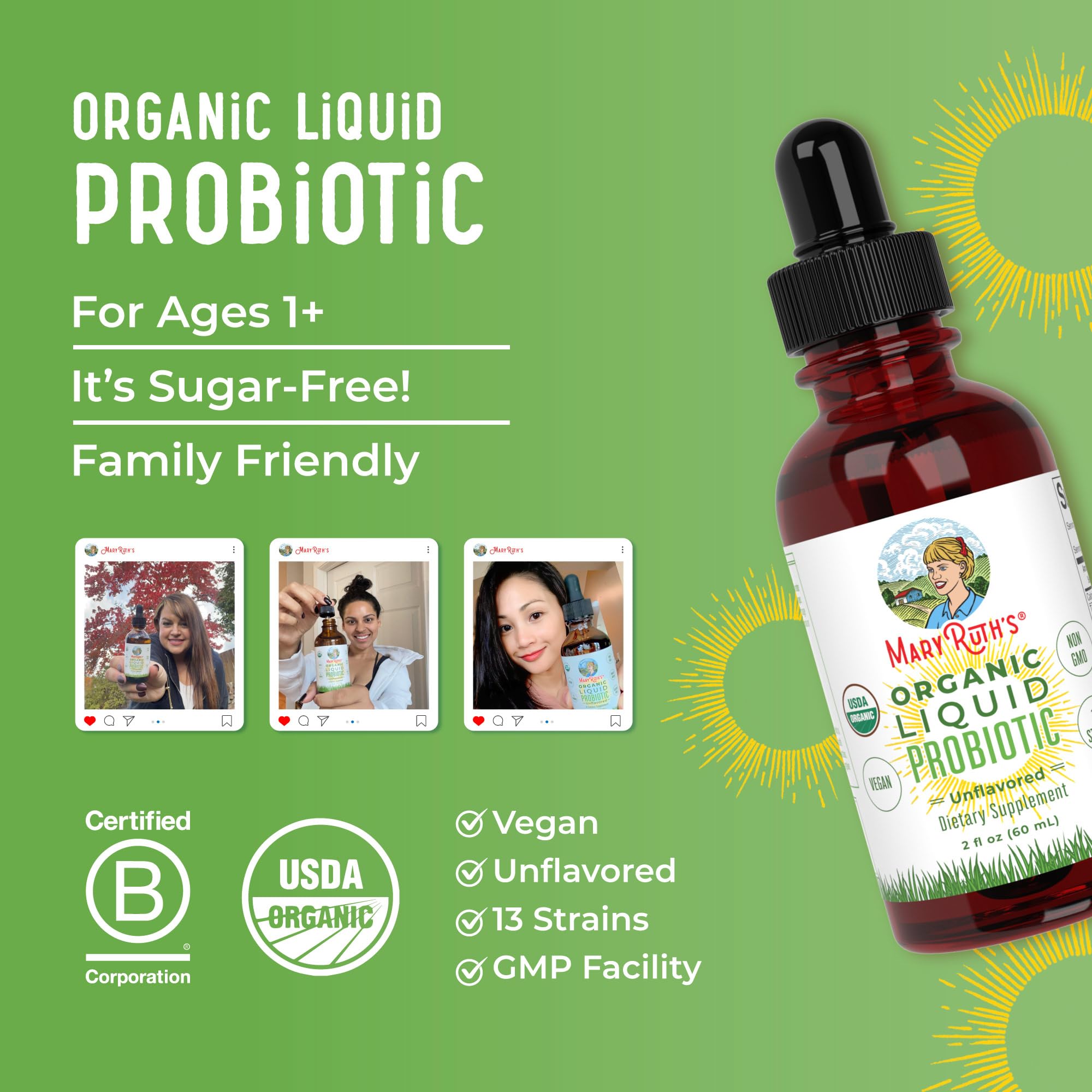 MaryRuth Organics Liquid Probiotic for Ages 4+ | 2 Billion CFU | 13 Probiotic Strains | Gut Health & Digestive Support | Gas & Bloating Support | Vegan | Gluten Free | Travel-Friendly | 20 Servings MARYRUTH'S uk supplements