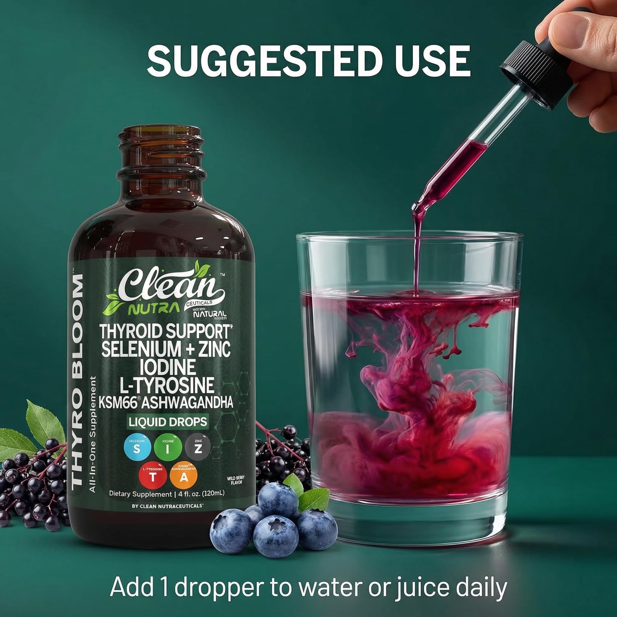 Clean Nutra Thyroid Support Drops Selenium Zinc Iodine L Tyrosine KSM66 Ashwagandha Vitamin D3 B12 A C Turmeric Kelp Schisandra Guggul Cayenne Basil Liquid Supplement Folate Copper Thyro Bloom Drop Clean Nutraceuticals uk supplements