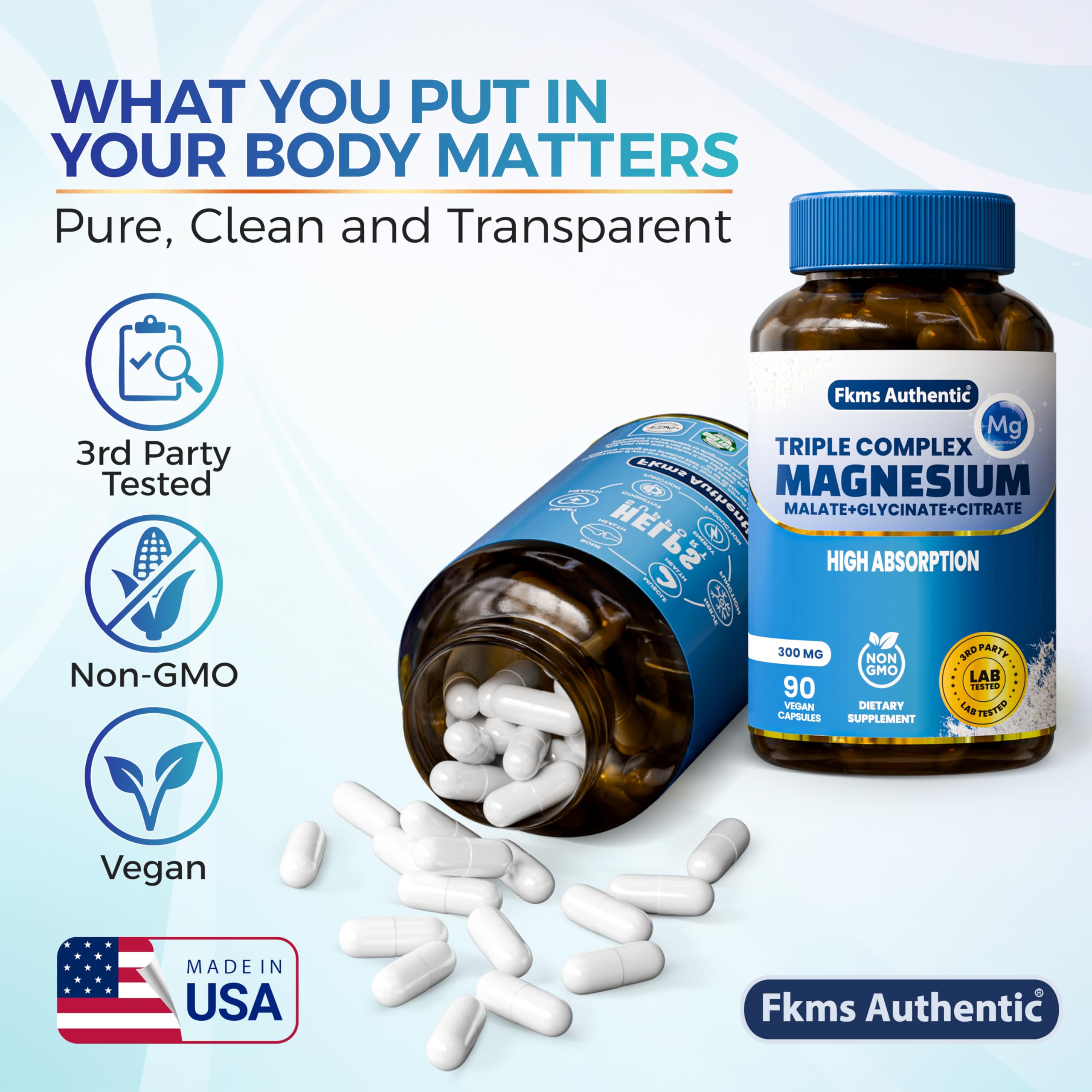 FKMS Authentic Triple Magnesium Complex | 300mg Magnesium Glycinate, Malate & Citrate for Sleep, Stress & Muscle Support | Non-GMO, Vegan, Gentle on Stomach | High Absorption | 90 Capsules FKMS AUTHENTIC uk supplements