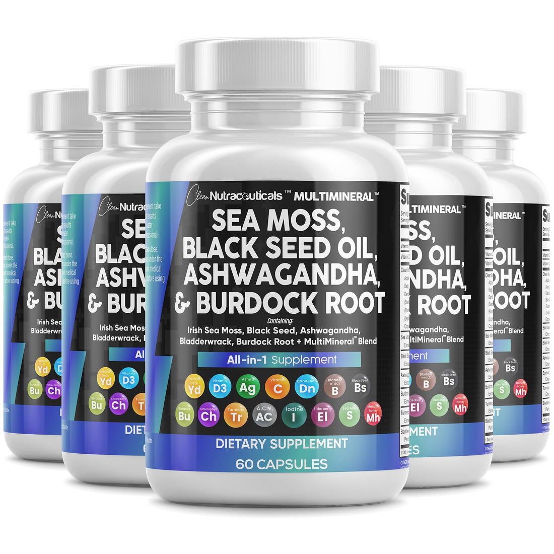 Sea Moss Black Seed Oil Ashwagandha Turmeric Bladderwrack Burdock & Vitamin C Vitamin D3 with Elderberry Manuka Dandelion Yellow Dock Iodine Chlorophyll ACV - 5Pack Clean Nutraceuticals uk supplements