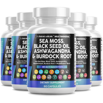 Sea Moss Black Seed Oil Ashwagandha Turmeric Bladderwrack Burdock & Vitamin C Vitamin D3 with Elderberry Manuka Dandelion Yellow Dock Iodine Chlorophyll ACV - 5Pack Clean Nutraceuticals uk supplements
