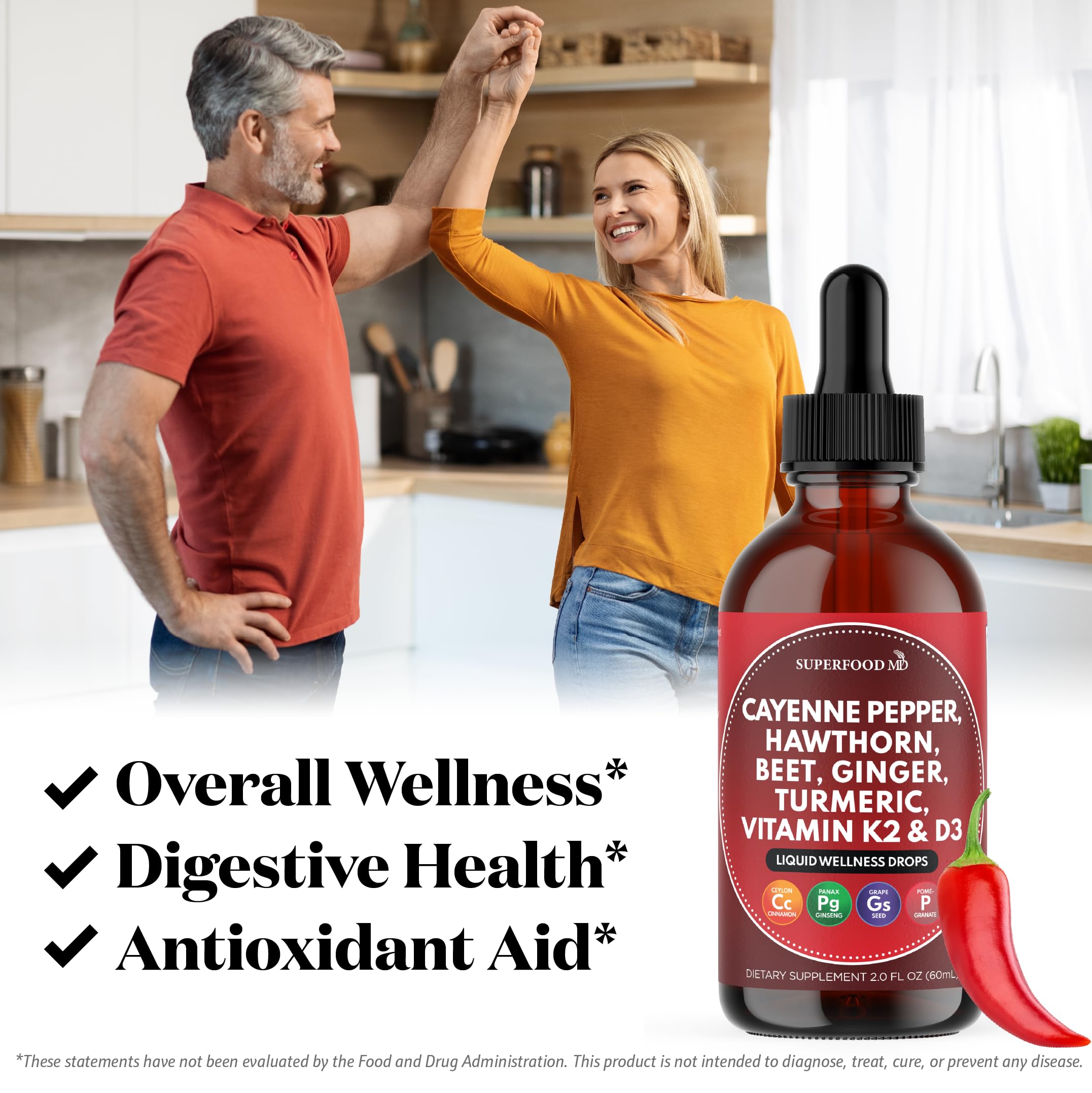 Cayenne Pepper Supplement Liquid Drops + Hawthorn Berry, Vitamin D3 K2 Beet Root Powder, Ceylon Cinnamon, Turmeric Curcumin, Organic Panax Ginseng - 4 OZ Superfood MD uk supplements