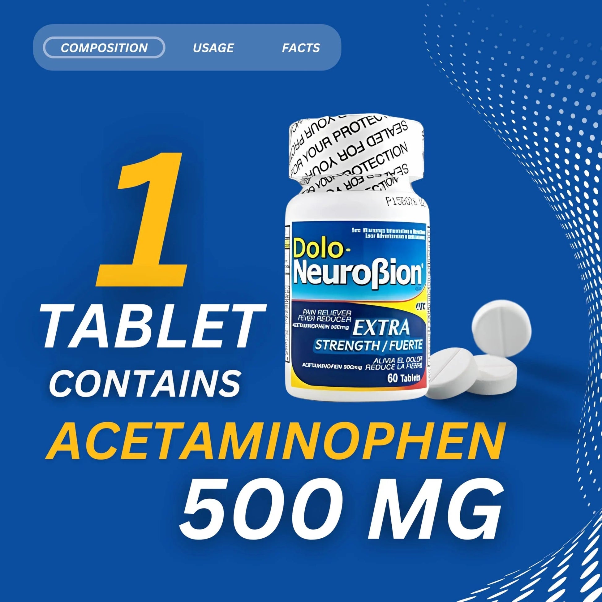Dolo Neurobion Pain Reliever, Fever Reducer, Extra Strength. Alivia el Dolor,Reduce la Fiebre, Extra Fuerte. 60 Tablets. Acetaminophen 500 mg Neurobion uk supplements