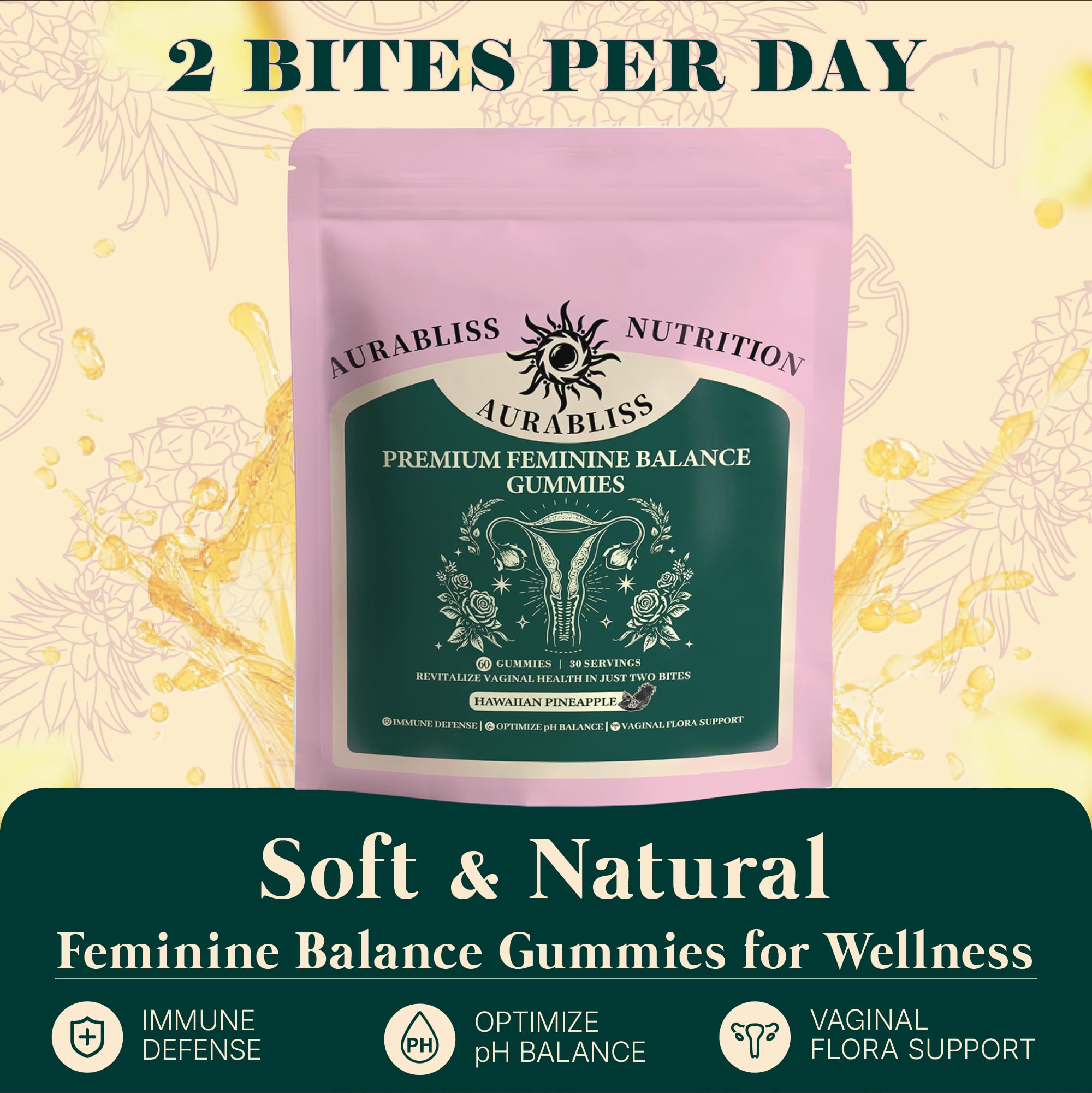 Premium Feminine Balance Gummies for Women - Hawaiian Pineapple Gummies for Women PH Balance Wellness, Immune Support, Vegan Daily Supplement for Odor and Flora Health , 60 Counts - 30 Servings Aurabliss uk supplements
