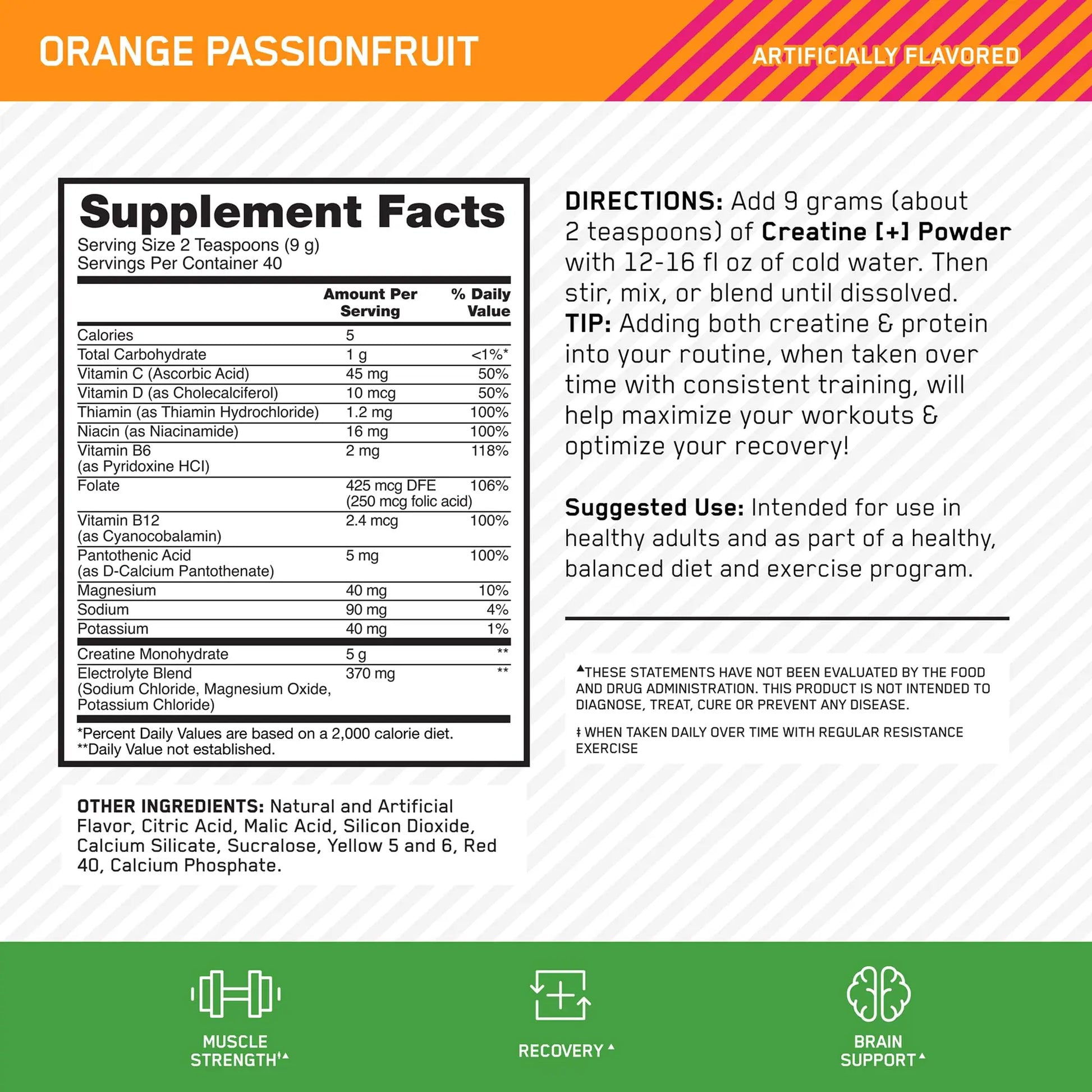 Optimum Nutrition Creatine Monohydrate Plus Powder, Orange Passionfruit Flavored Creatine Performance Blend With Electrolytes for Hydration, Added Vitamins, 40 Servings, 360 Grams (Packaging May Vary) Optimum Nutrition uk supplements