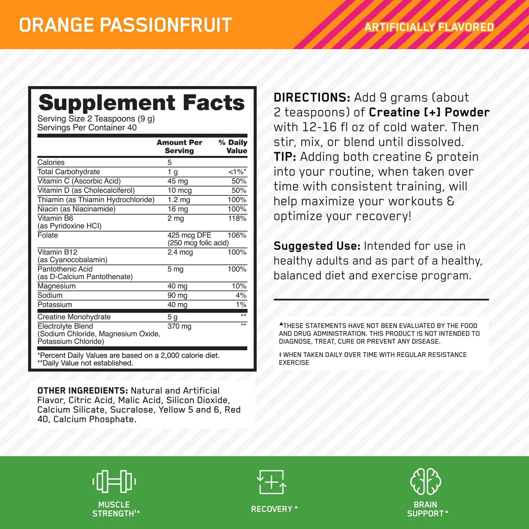Optimum Nutrition Creatine Monohydrate Plus Powder, Orange Passionfruit Flavored Creatine Performance Blend With Electrolytes for Hydration, Added Vitamins, 40 Servings, 360 Grams (Packaging May Vary) Optimum Nutrition uk supplements