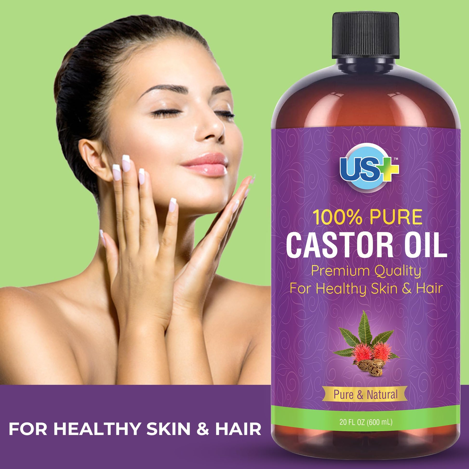 Us+ 20oz 100% Pure Castor Oil - Cold-pressed, Unrefined, Hexane-free - USP Grade - Premium Quality Us+ uk supplements