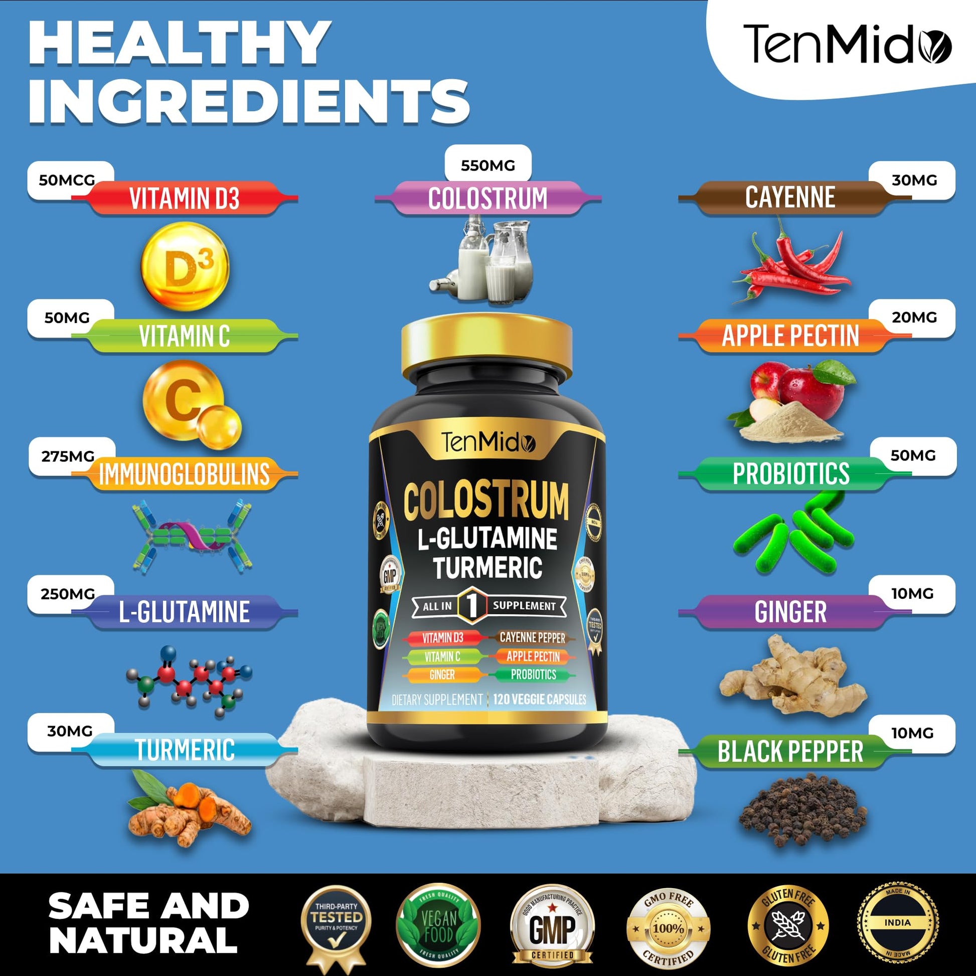 Tenmido Colostrum Supplement - 10in1 Formula - Combine with L- Glutamine, Turmeric, Cayenne Pepper, Apple Pectin, Probiotics, Ginger, and More - Digestive Health, Immune Support - 120 Capsules Tenmido uk supplements