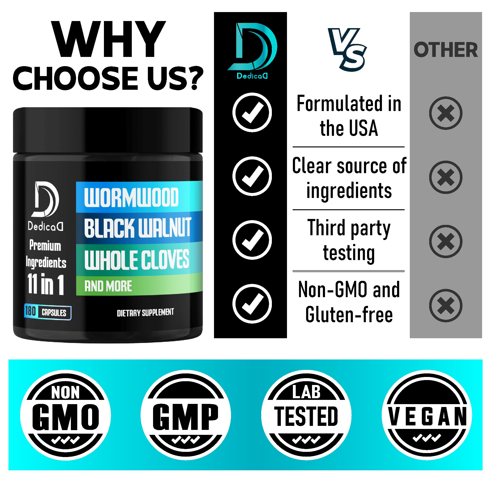 DEDICAD 11in1 Wormwood Capsules - 180 Capsules Extracted from Black Walnut, Cloves, Ginger, Turmeric, Apple, Berberine HCl & More - Support Immune System for 3 Months DEDICAD uk supplements