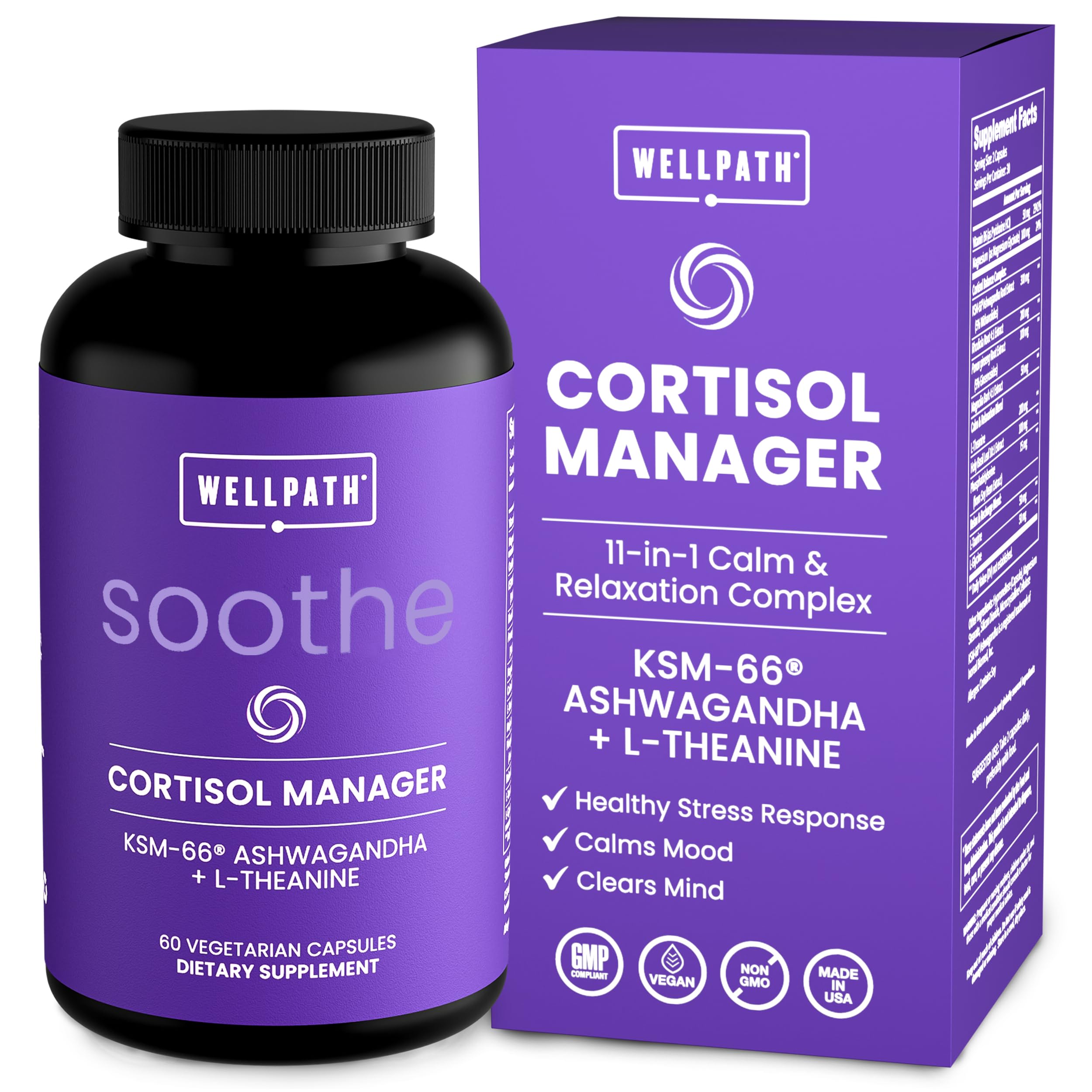 WellPath Soothe Cortisol Manager - Cortisol Supplements for Women with KSM-66® Ashwagandha & L-Theanine - Stress Support, Detox - 11-in-1 Complex, Vegan, Made in USA, Non-GMO, 60 Ct WellPath uk supplements