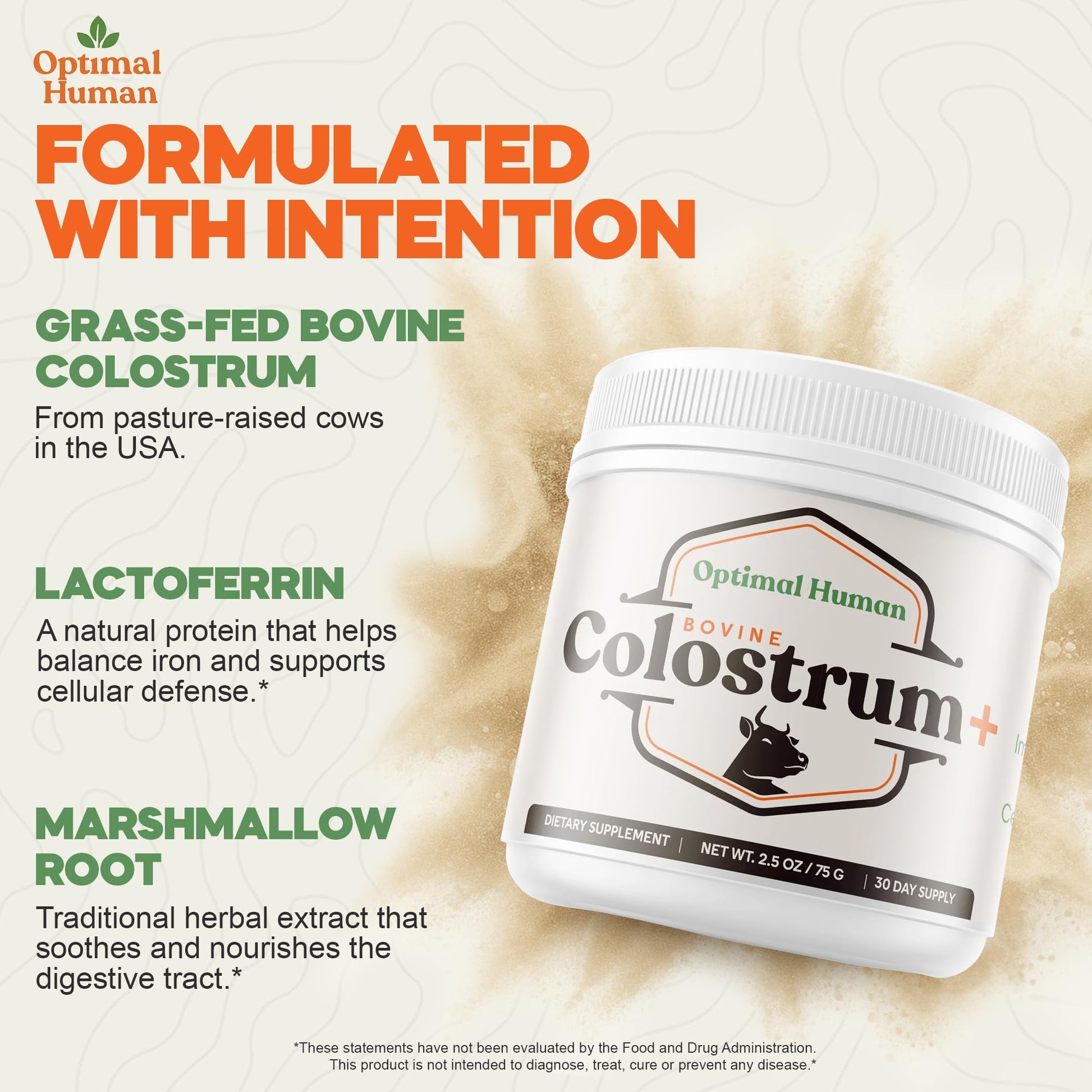 O H Optimal Human Bovine Colostrum Powder with Marshmallow Root – Gut & Immune Support Colostrum Supplement Capsules with IgG & Protein – Non-GMO, GMP Certified, Made in USA – Unflavored 30 Servings O H uk supplements