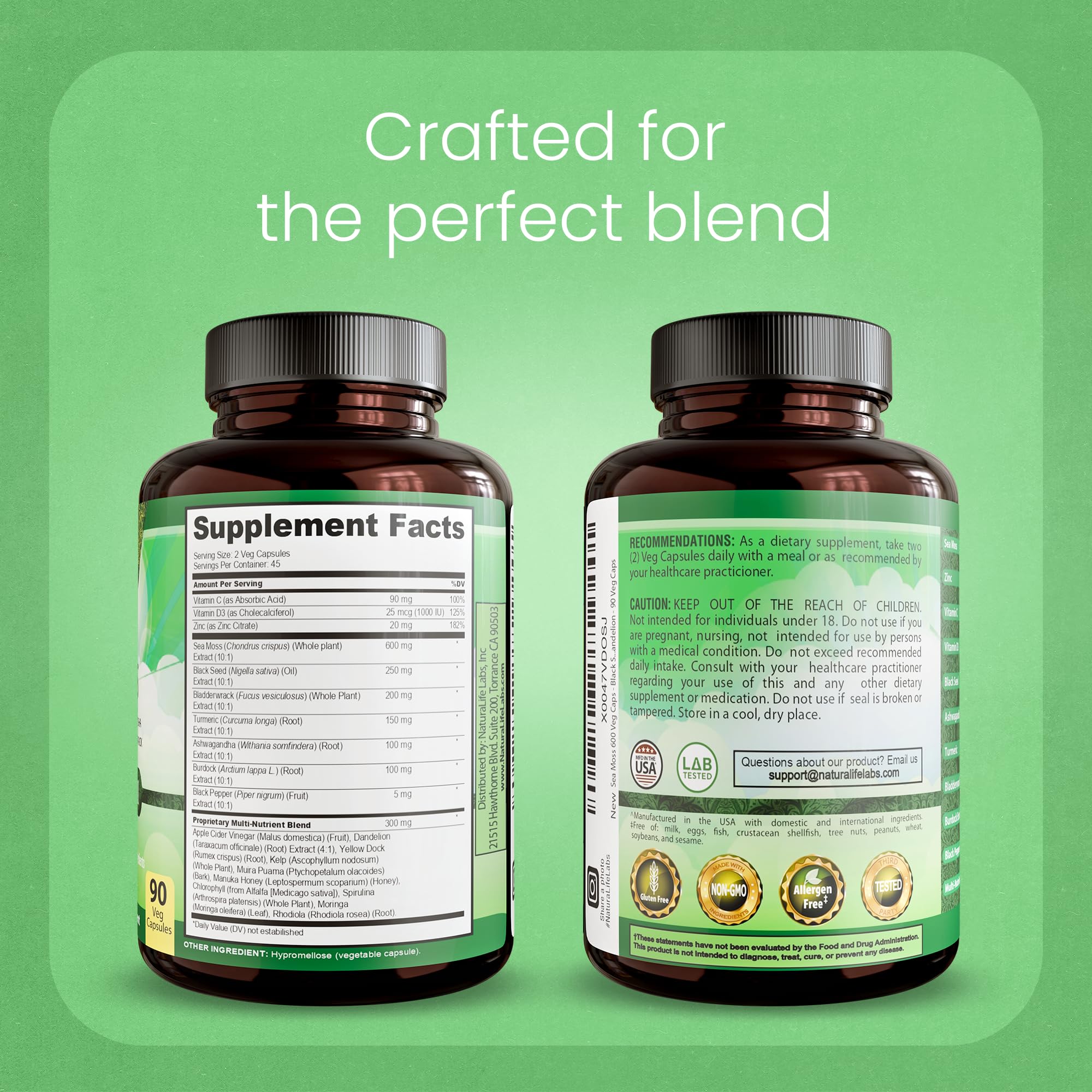 Sea Moss, Black Seed Oil, Bladderwrack, Turmeric, Ashwagandha, Burdock, Vitamin C, D3, Yellow Dock Root, Manuka, Dandelion - 90 Veggie caps NaturaLife Labs uk supplements